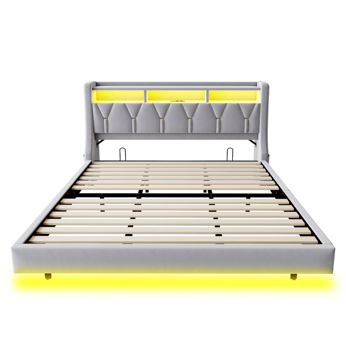 POLSTERBETT 180/200 cm mit LED, USB-/Typ-C-Anschluss, Stauraum-Kopfteil und Samtbezug, Hellgrau - Grau, Textil (180/200cm) - Redom