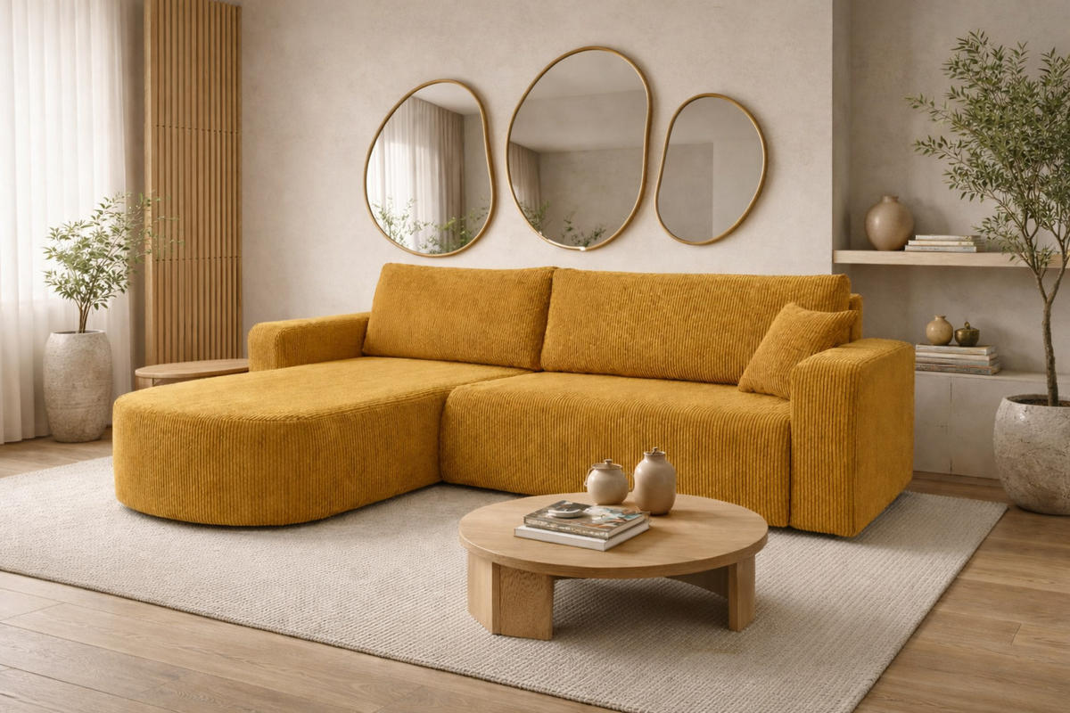 ECKSOFA Mit Schlaffunktion, Cordstoff Poso, Senffarbe, Links, ROUND ONE XL - Gelb, Holz (271/175cm) - Kaiser Möbel