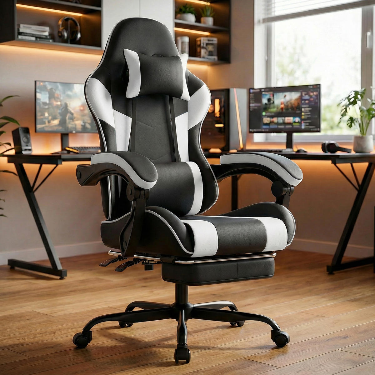 GAMINGSTUHL ergonomisch verstellbar PVC Black White - Weiß, Kunststoff (63/120.5/58.5cm) - Meubliv
