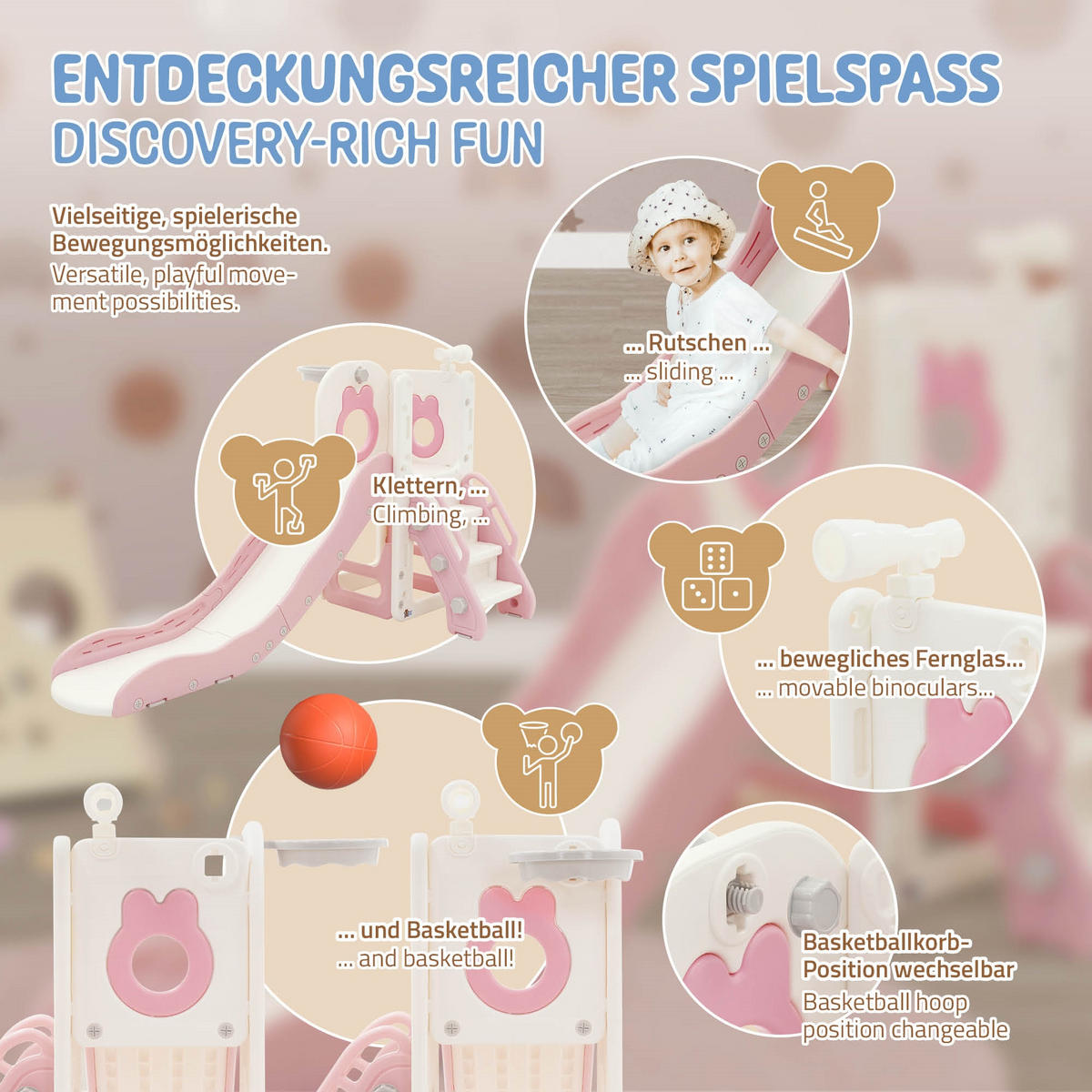 KINDERRUTSCHE Weiß-Rosa aus Kunststoff - Rosa, Kunststoff (91/90/162cm) - Joyz