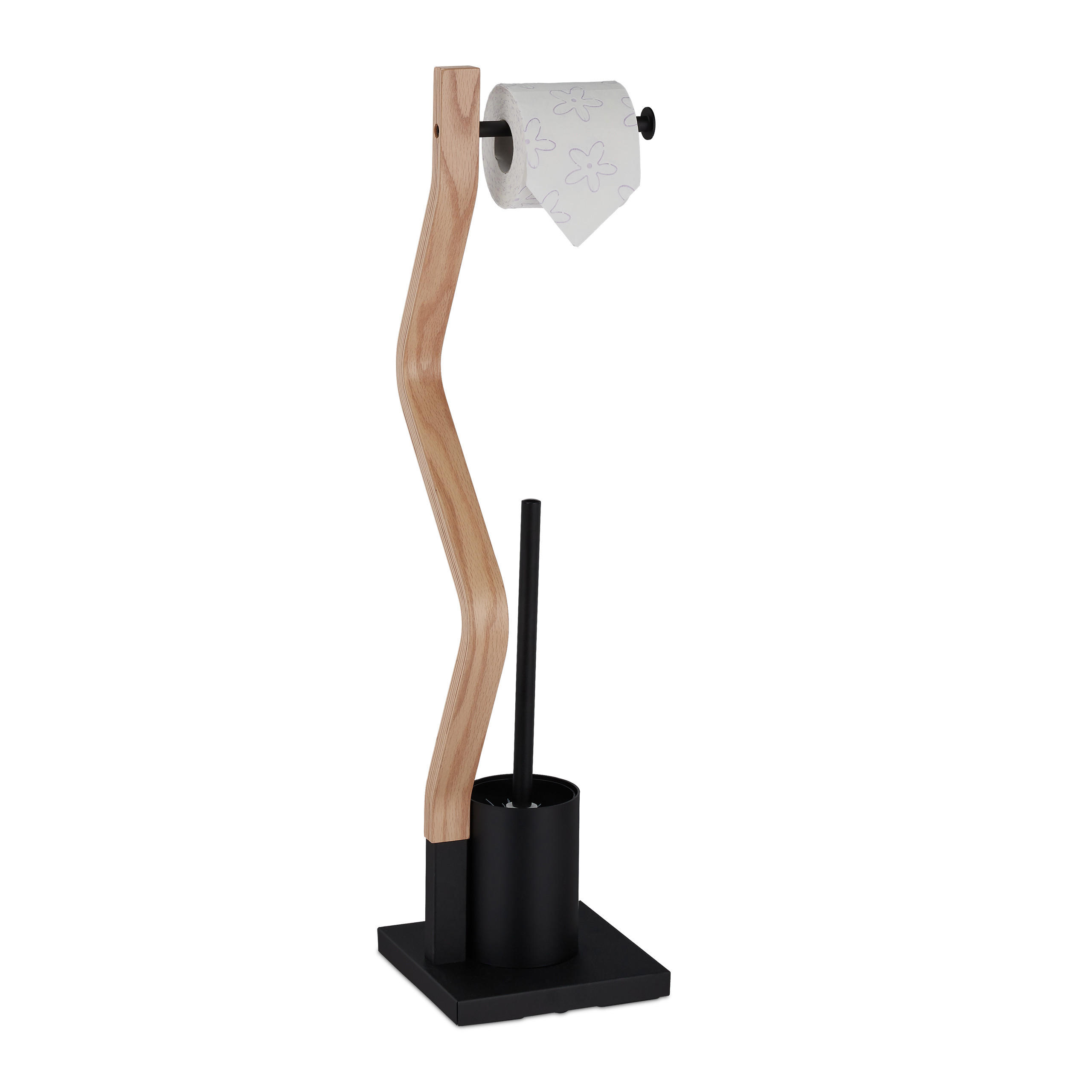 Relaxdays STOJAN WC Černá přírodní s kartáčem 75 cm