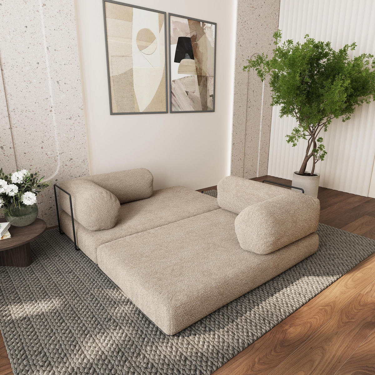 ECKSOFA KELI modulares Boneless Sofa mit Schlaffunktion Beige Boucle-Stoff - Beige, Textil (270/160cm) - MASSENO