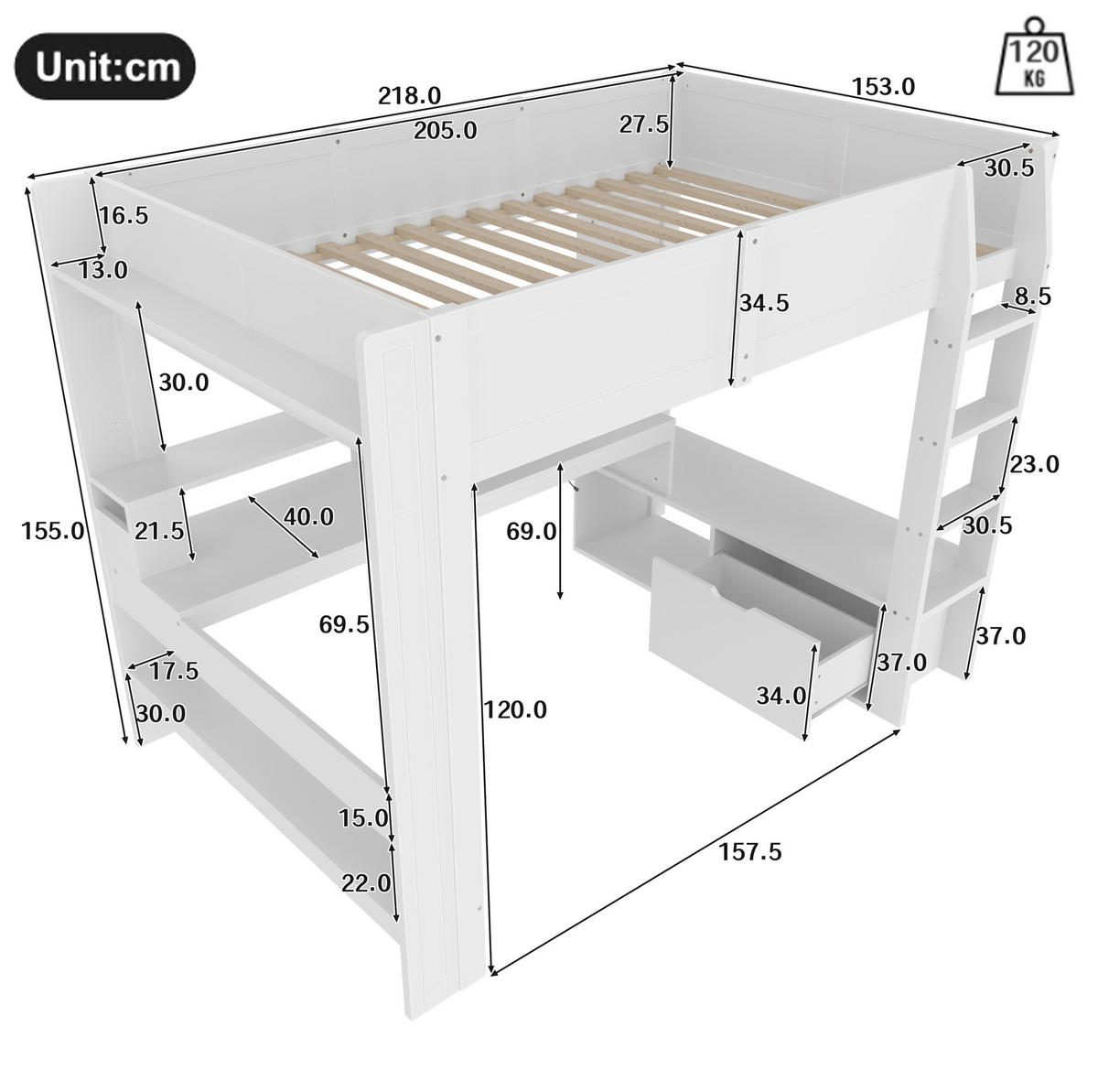 HOCHBETT aus Kiefernholz 140x200 cm in Weiß mit Schreibtisch & LED-Beleuchtung - Weiß, Holz (140/200cm) - Modfu