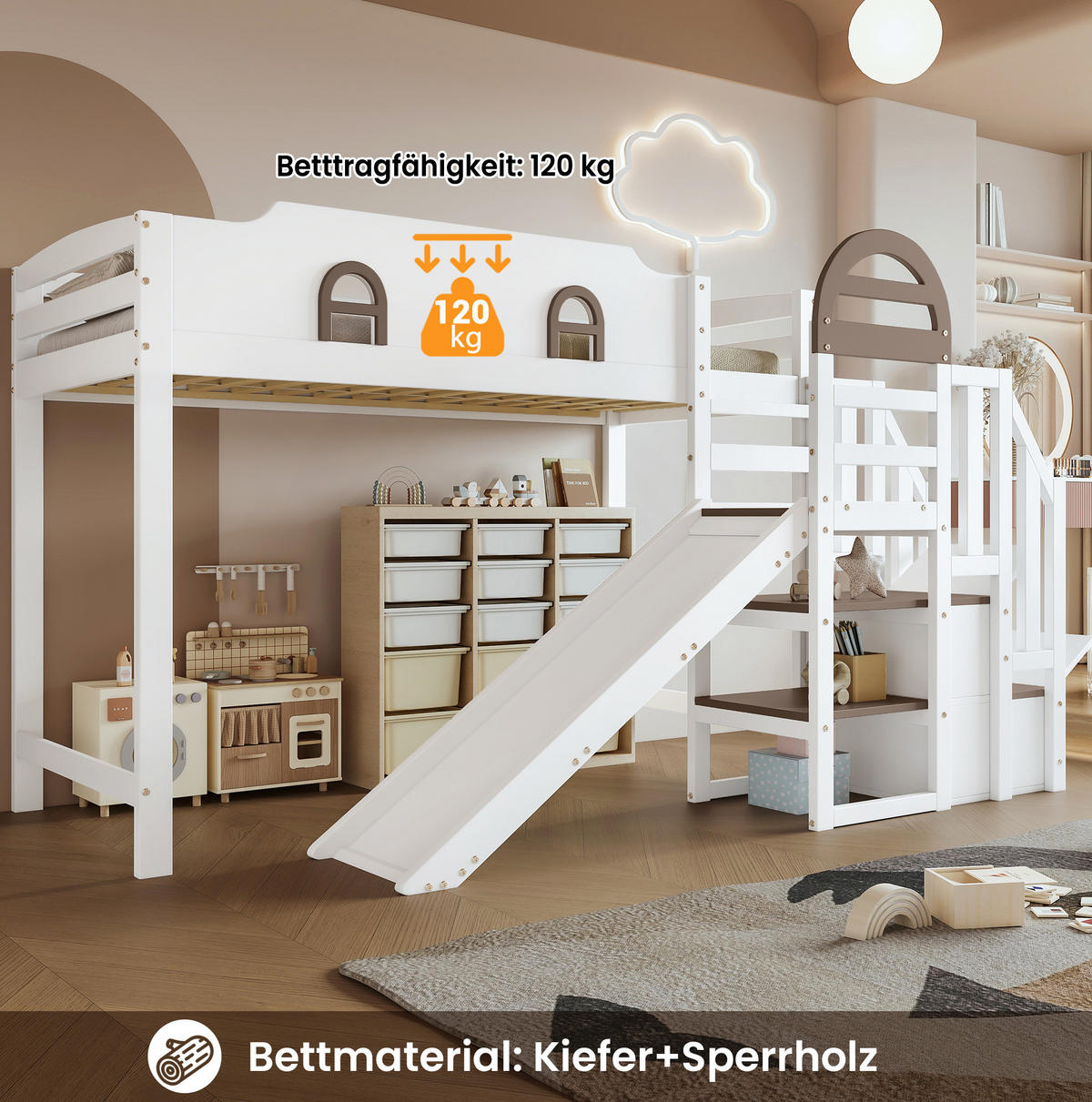 ETAGENBETT 90/200 cm mit Rutsche, Stauraumtreppe, Fenstern und Rundum-Absturzschutz aus Kiefer/MDF, Weiß - Weiß, Holzwerkstoff (90/200cm) - Redom