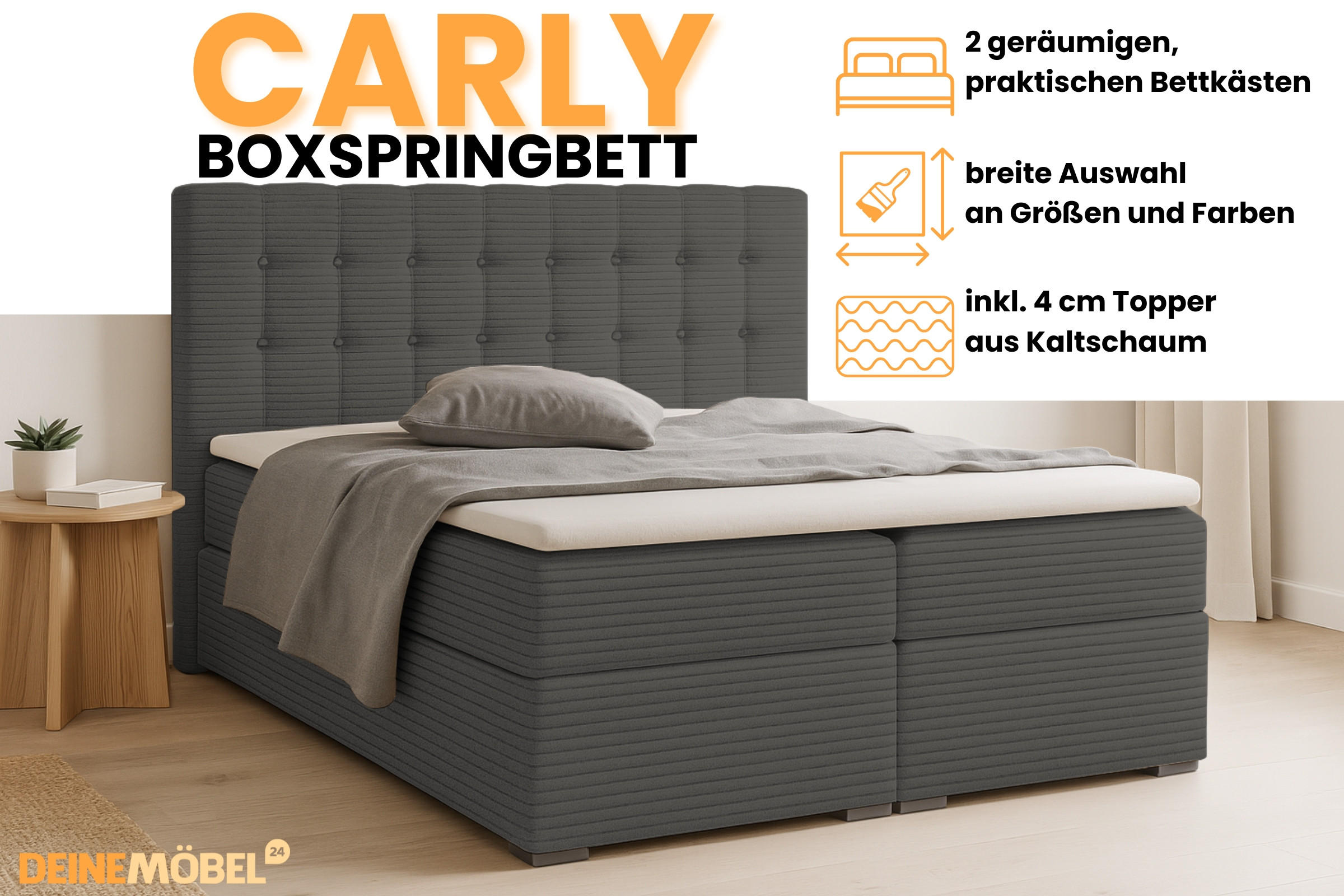 Thumbnail - Deine Möbel 24 Boxbett, Anthrazit, Holz, Holzwerkstoff, Textil, H4, 180x200 cm, Schlafzimmer, Betten, Boxspringbetten