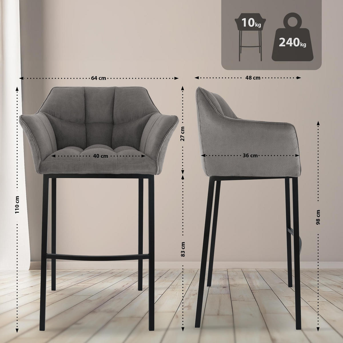 BARHOCKER Damaso Cordbezug 110x64x48 cm taupe - Taupe, Metall (64/110/48cm) - furnicato