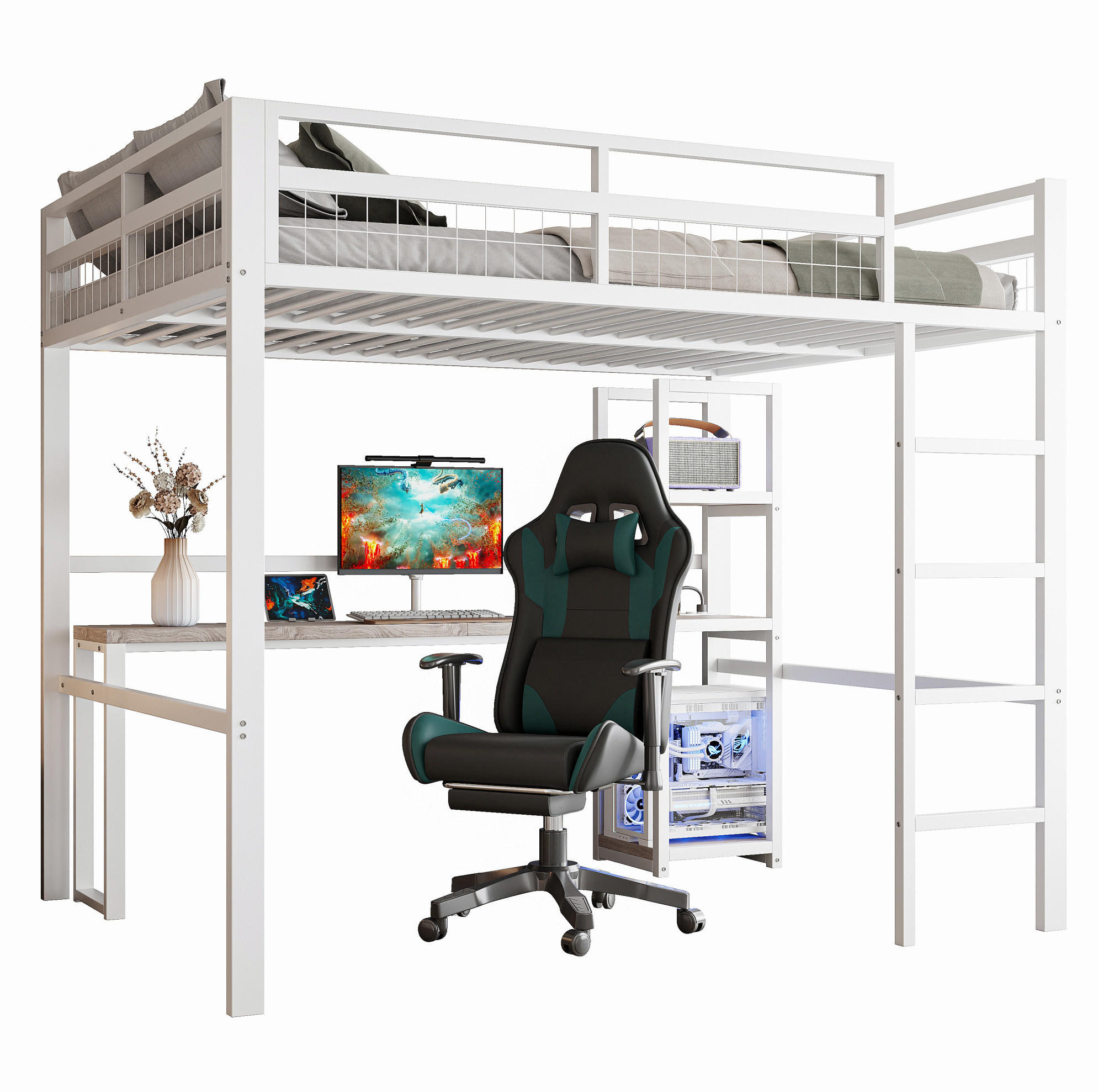 HOCHBETT 140/200 cm Weiß aus Metall mit Schreibtisch und Regalen - Weiß, Metall (140/200cm) - OKMYHOME