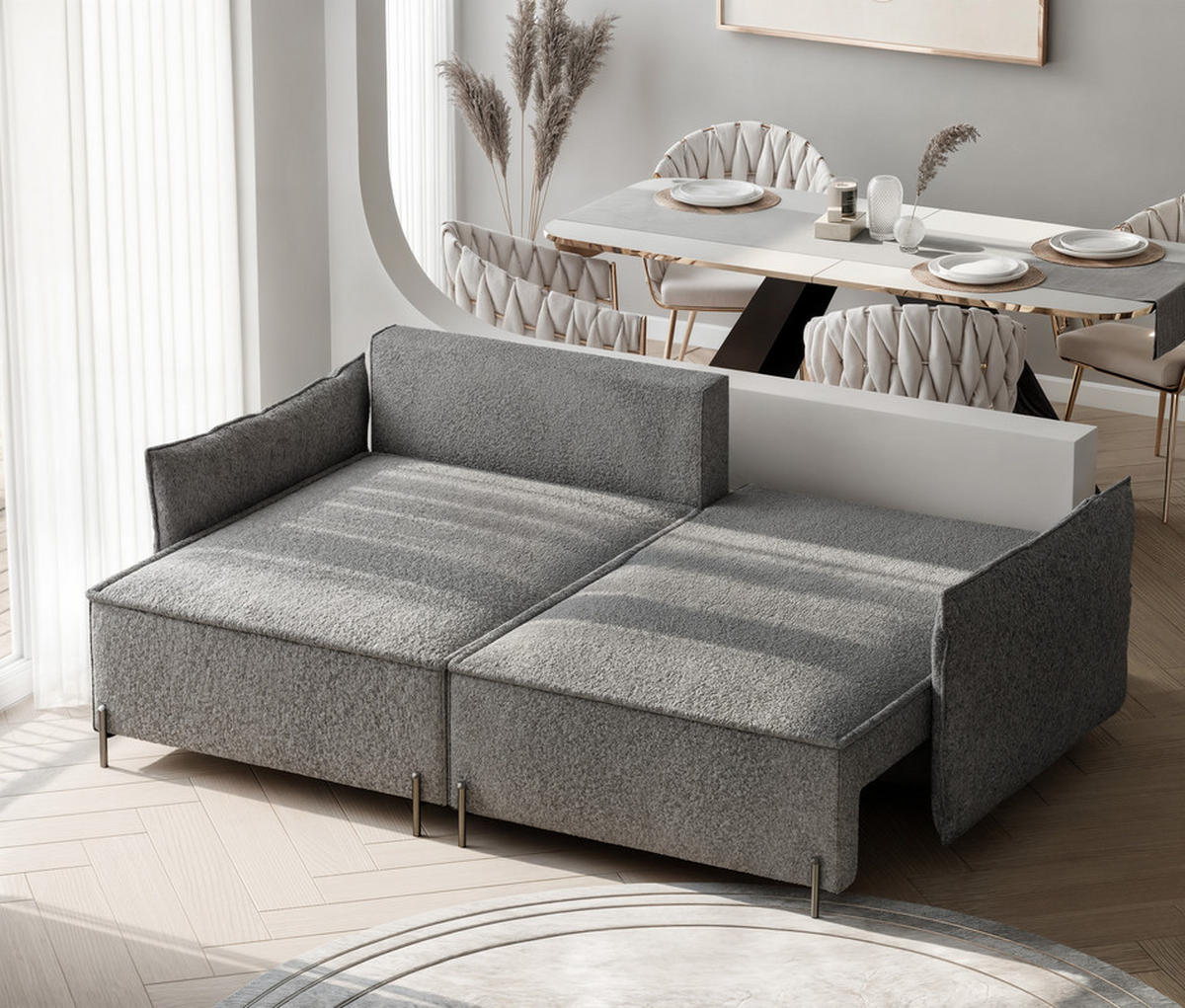 ECKSOFA MARCO Links, mit Schlaffunktion und Bettkasten, Dunkelgrau - Dunkelgrau, Textil/Metall (221/148cm) - Idohome