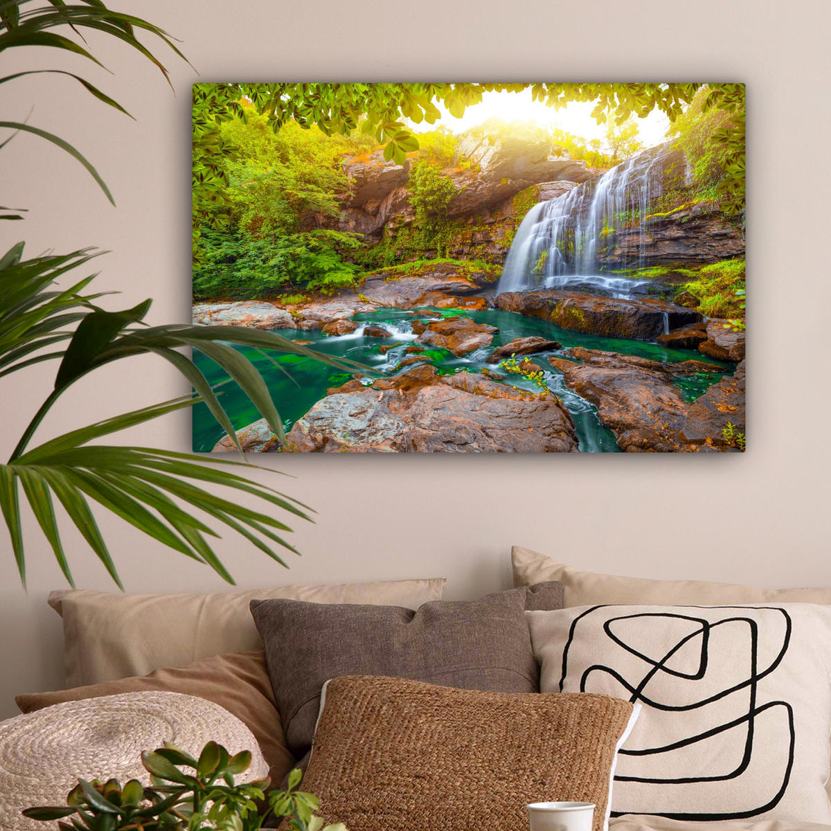 LEINWANDBILD Natur - Wasserfall - Pflanzen - Bäume - Sonne Wanddeko 90x60 cm - Olivgrün, Textil (90/60cm) - MuchoWow