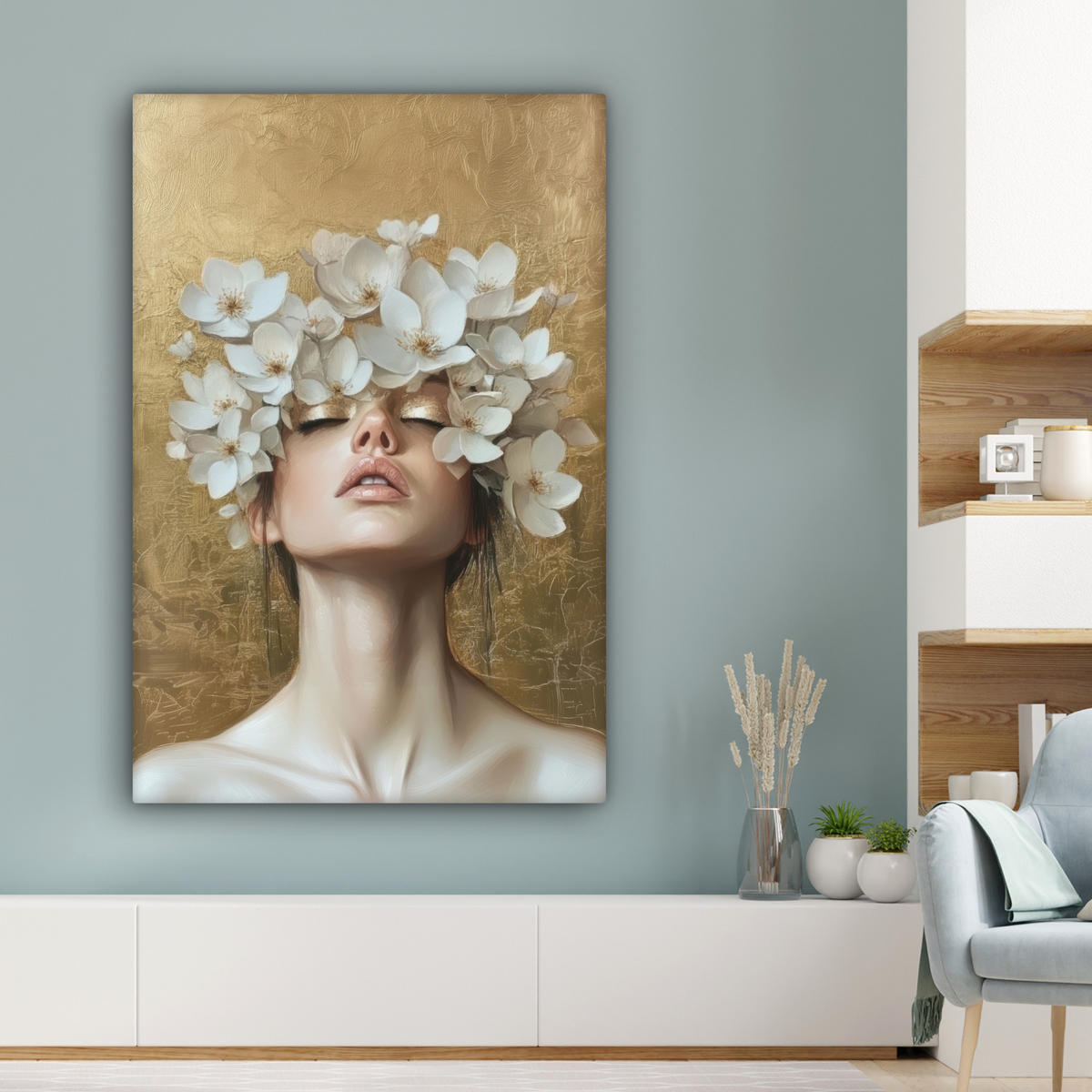 LEINWANDBILD Gesicht - Blumen - Gold - Abstrakt Deko Groß 90x140 cm - Goldfarben, Textil (90/140cm) - MuchoWow