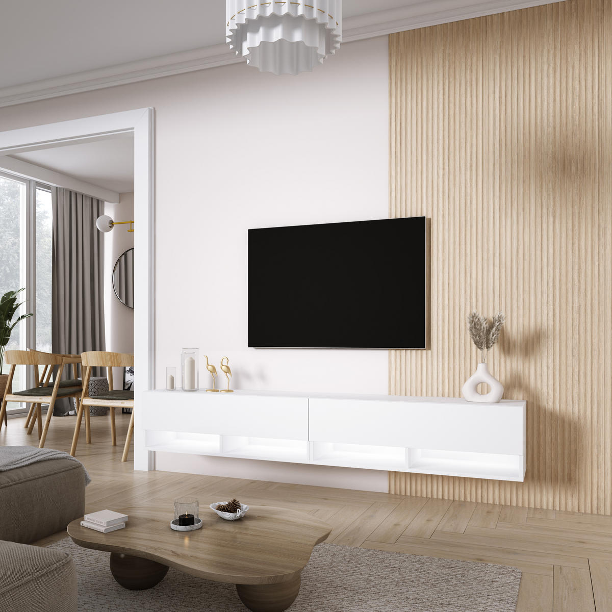 TV-LOWBOARD 200 (2 x 100) cm Mattweiß, LED weiß, 200 × 32 × 34 cm - Weiß, Holzwerkstoff (200/33.6/32cm) - 3XE LIVING