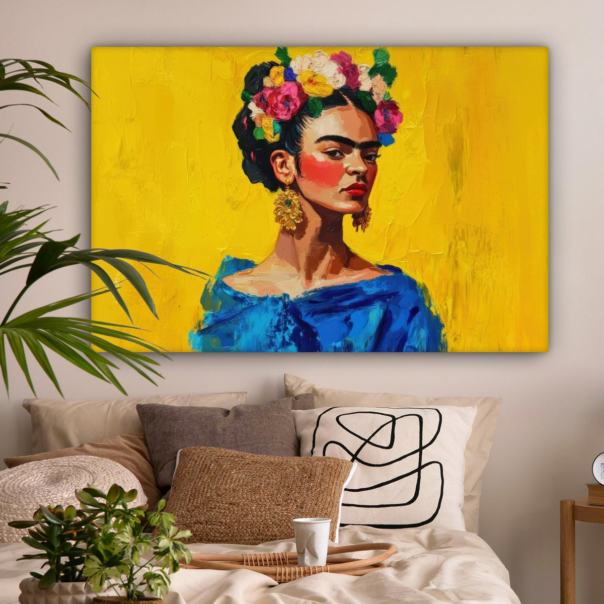 LEINWANDBILD Frida Kahlo - Frau - Gelb - Blau - Blumen Groß 140x90 cm - Gelb, Textil (140/90cm) - MuchoWow