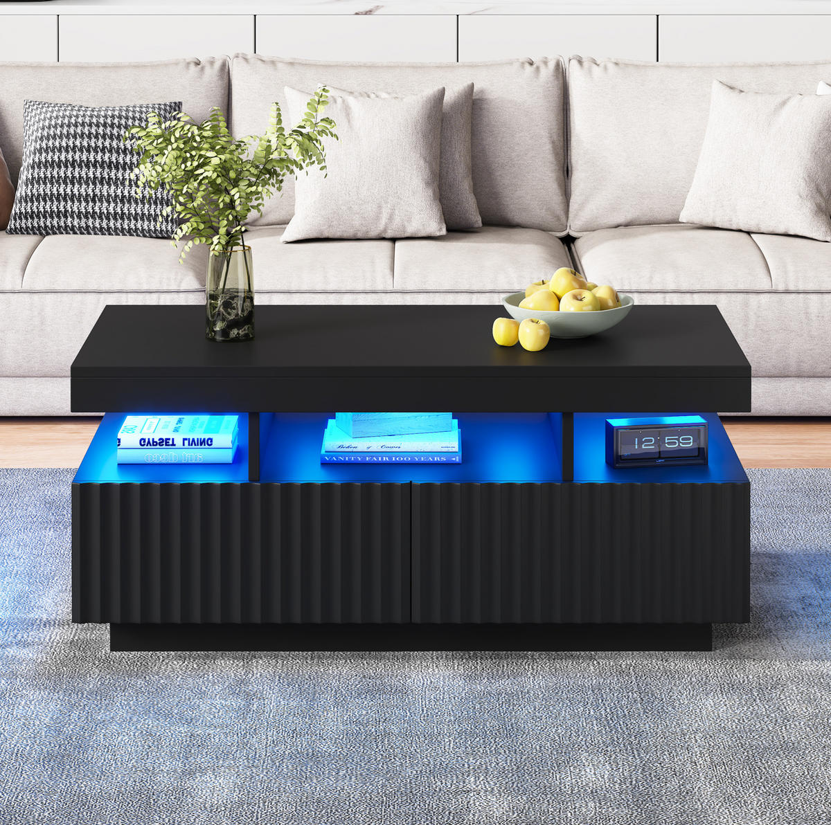 COUCHTISCH 100/50/45 cm Schwarz mit 2 Schubladen und LED-Beleuchtung - Schwarz, Holzwerkstoff (100/50/45cm) - OKWISH