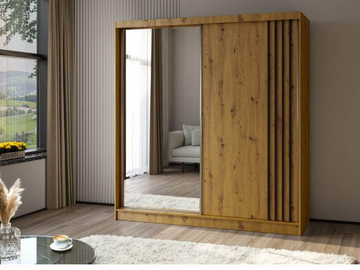 SCHWEBETÜRENSCHRANK Neli 200 cm mit Lamellen und Spiegel 2-türig, Artisan, Artisan, Lamelle schwarz - Schwarz/Braun, Kunststoff (200/216/61cm) - Margaret Hadas24