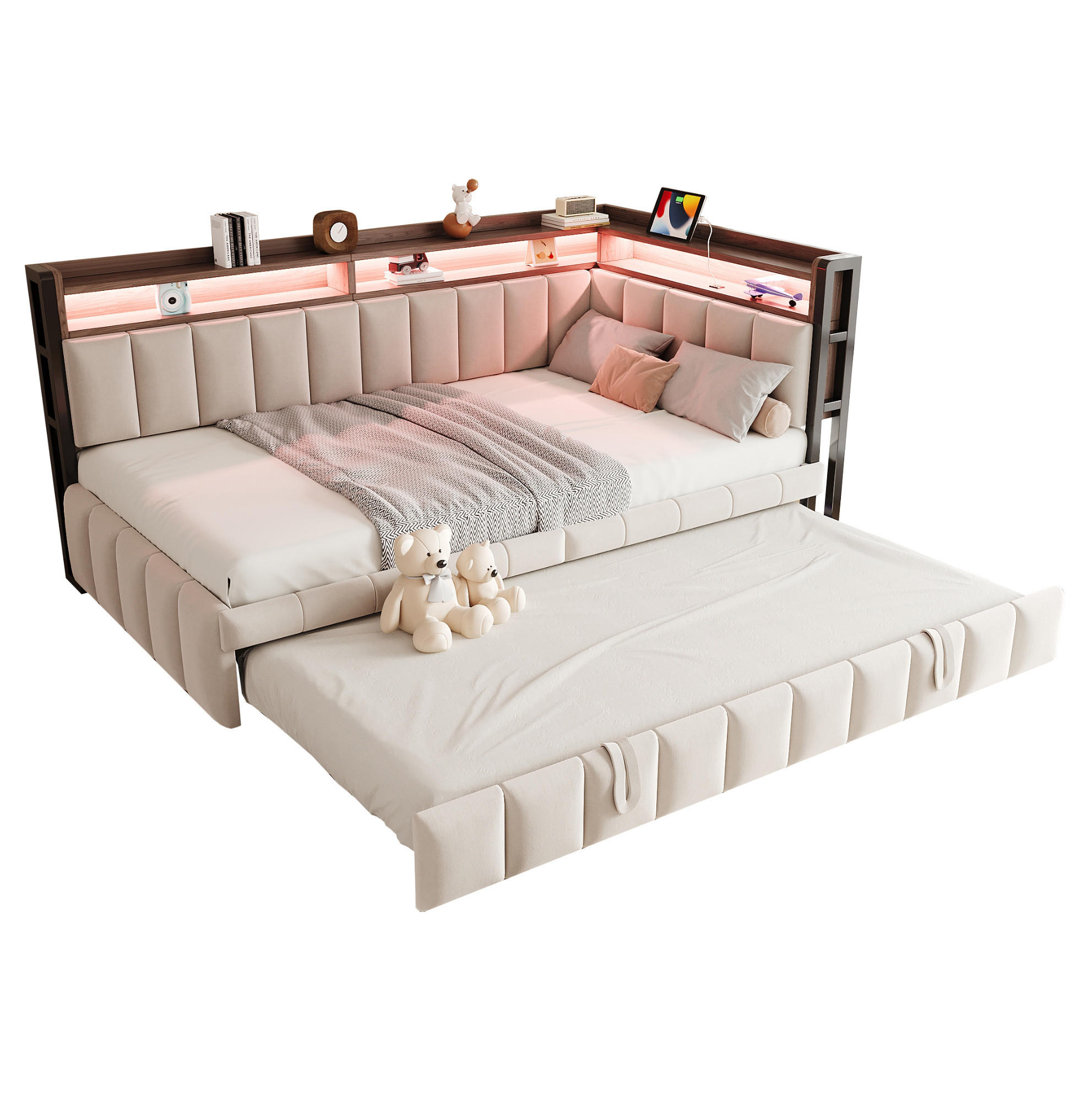 POLSTERBETT Schlafsofa Samt 90x200 cm Beige mit Ausziehbett, LED-Beleuchtung, USB- und Typ-C-Anschlüssen - Beige, Textil (90/200cm) - Modfu