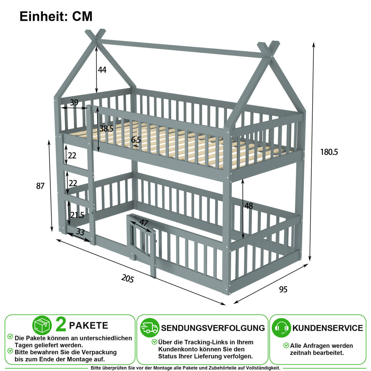 ETAGENBETT 90/200 cm in Grau mit Treppe und Zaun aus Holz - Grau, Holz/Holzwerkstoff (90/200cm) - CHICFURN