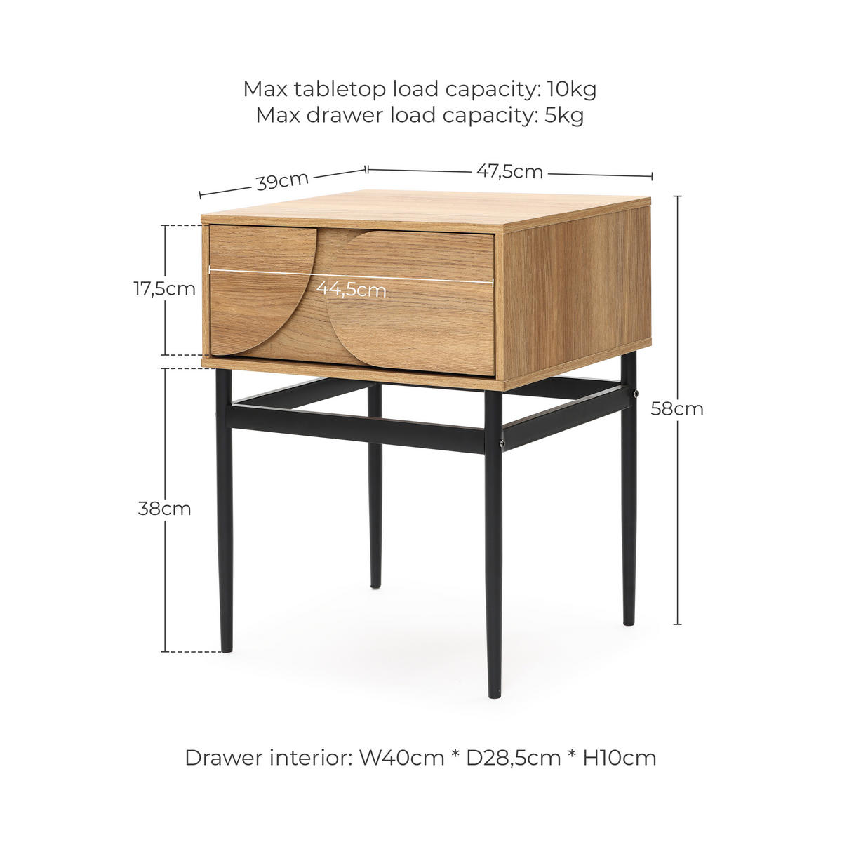 NACHTTISCH Holz mit Schublade, Metallbeinen, Holzoptik | B47.5 x T39 x H58 cm - Braun, Holzwerkstoff (47.5/58/39cm) - Hometopia