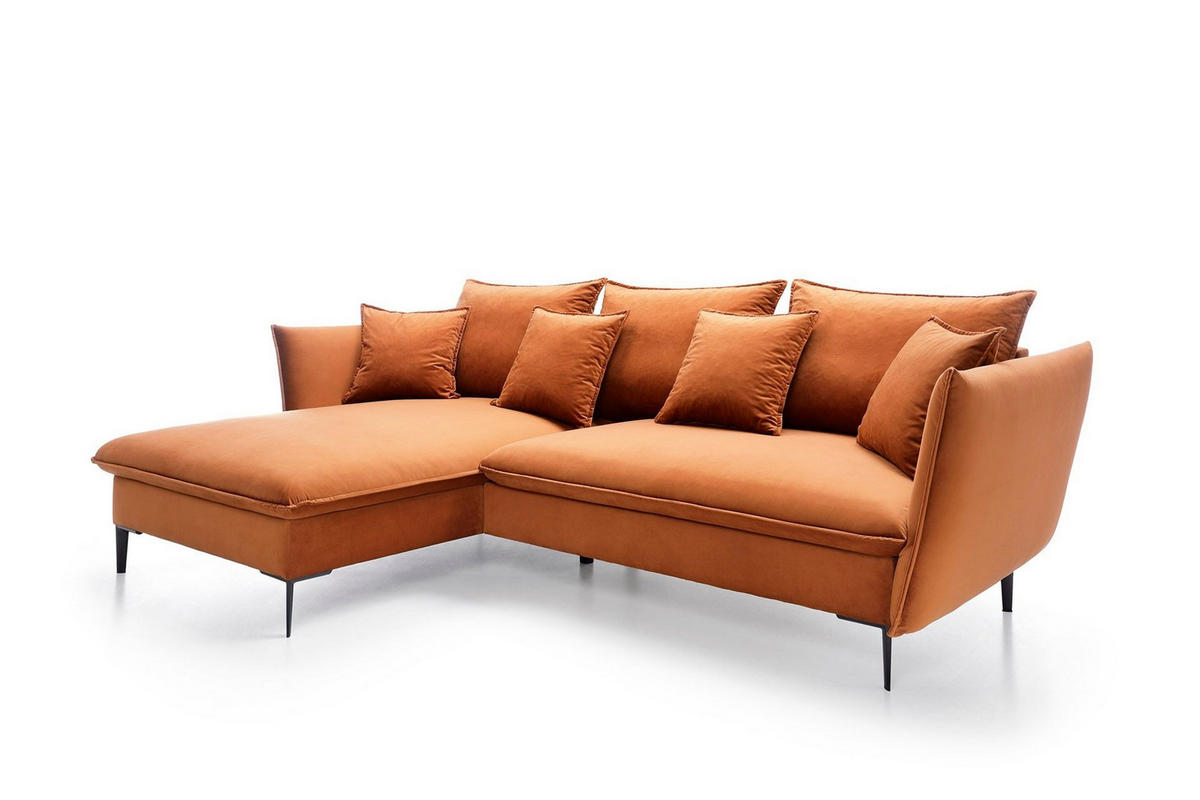 ECKSOFA SOLE Orange Plüsch-Stoff mit Schlaffunktion - Orange, Holz (258/167cm) - MASSENO