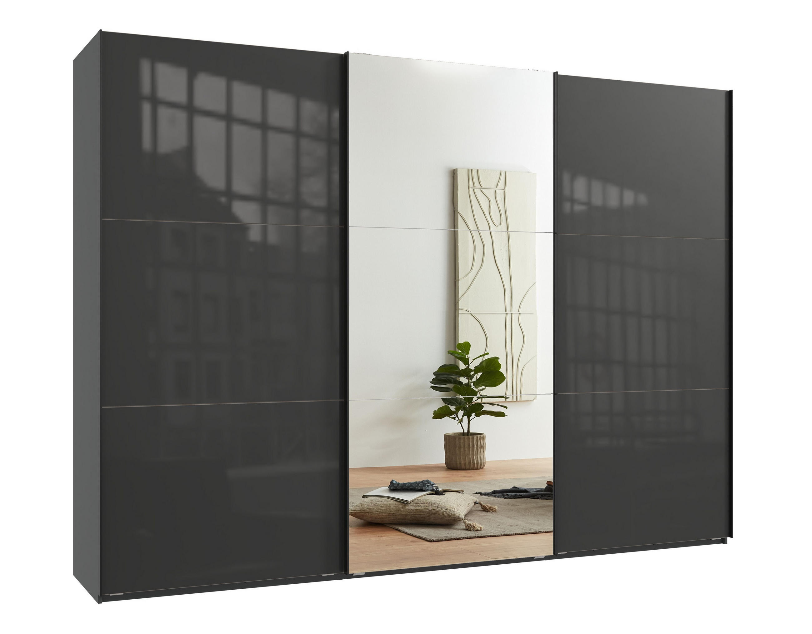 SCHWEBETÜRENSCHRANK 3-türig B300/H216/T65 cm in Anthrazit mit Glasfront und Spiegel inkl. Vollausstattung / 22041 - Anthrazit/Schwarz, Holzwerkstoff/Metall (300/216/65cm) - luma-home