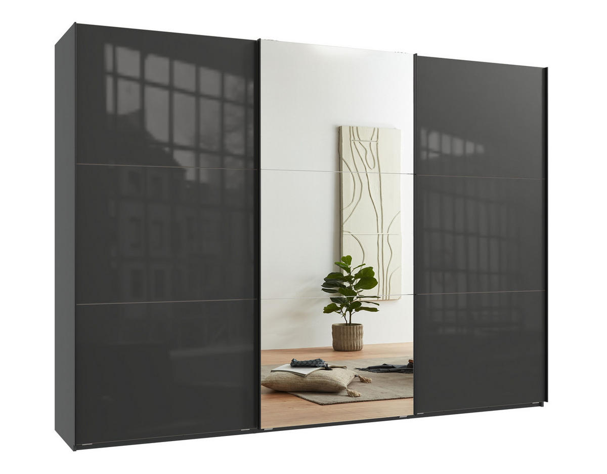 SCHWEBETÜRENSCHRANK 3-türig B300/H216/T65 cm in Anthrazit mit Glasfront und Spiegel inkl. Vollausstattung / 22041 - Anthrazit/Schwarz, Holzwerkstoff/Metall (300/216/65cm) - luma-home