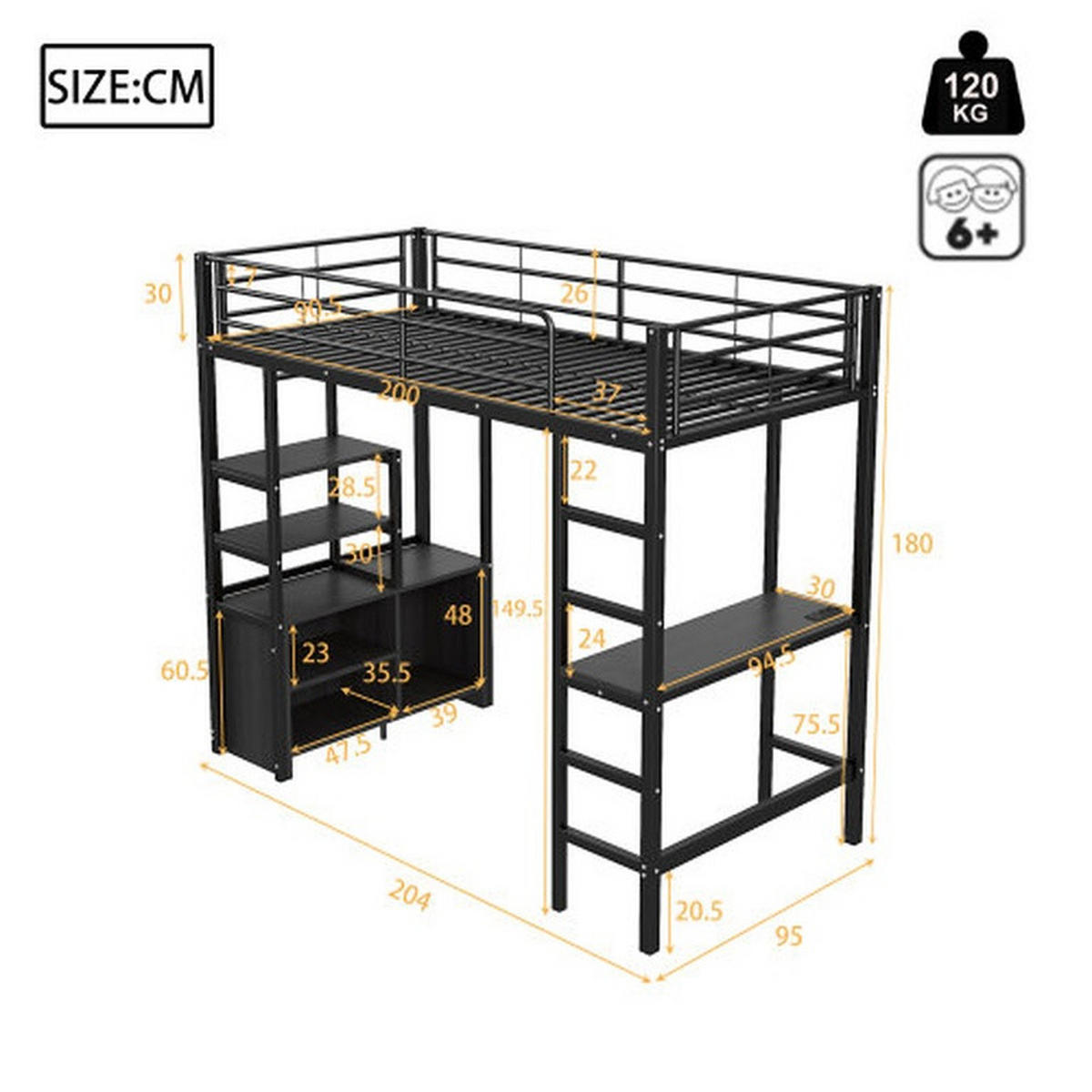 HOCHBETT 90x200cm, Schreibtisch, Steckdose+USB, Regale, Eisen, Schwarz - Schwarz, Metall (90/200cm)