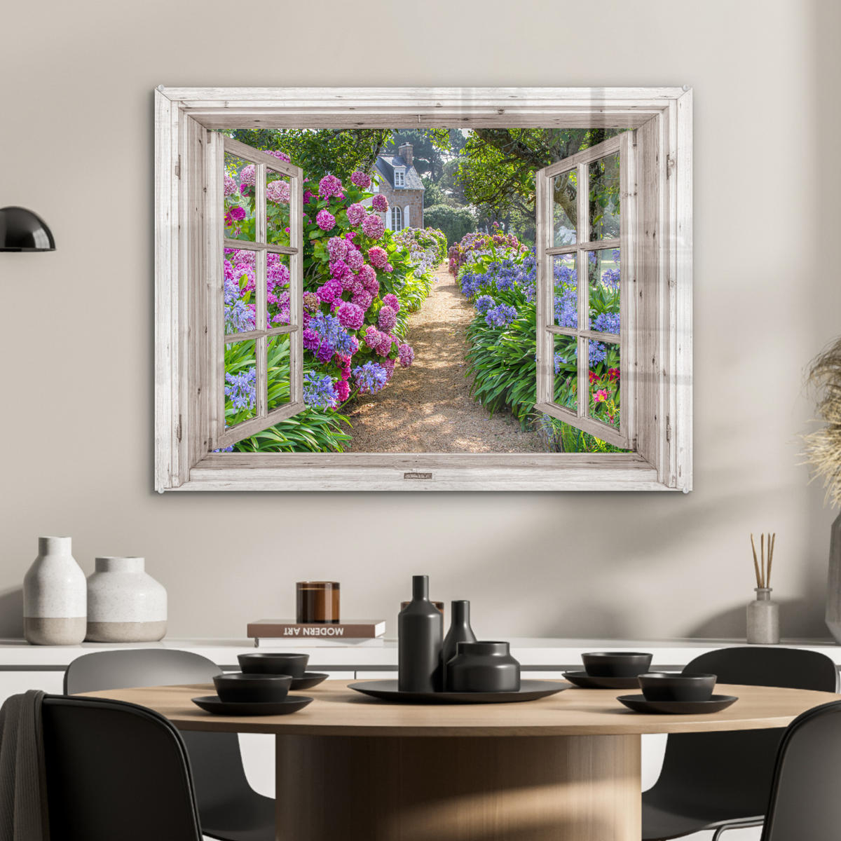 ACRYLGLASBILD Hortensie - Durchsichtig - Blumen - Sommer - Lila - Weg 80x60 cm - Lila, Glas (80/60cm) - MuchoWow