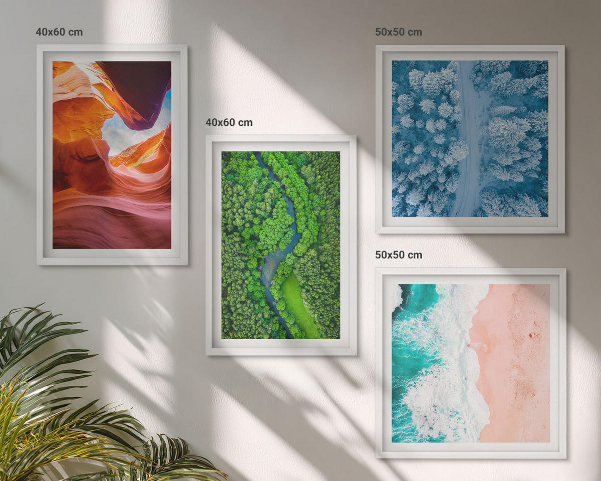 WANDBILDER 4er-Set - 50x50 cm & 40x60 cm Weißer Rahmen - Grün der Wasserschlucht im Winter - Weiß, Kunststoff (50/50cm) - ArtPrintCave