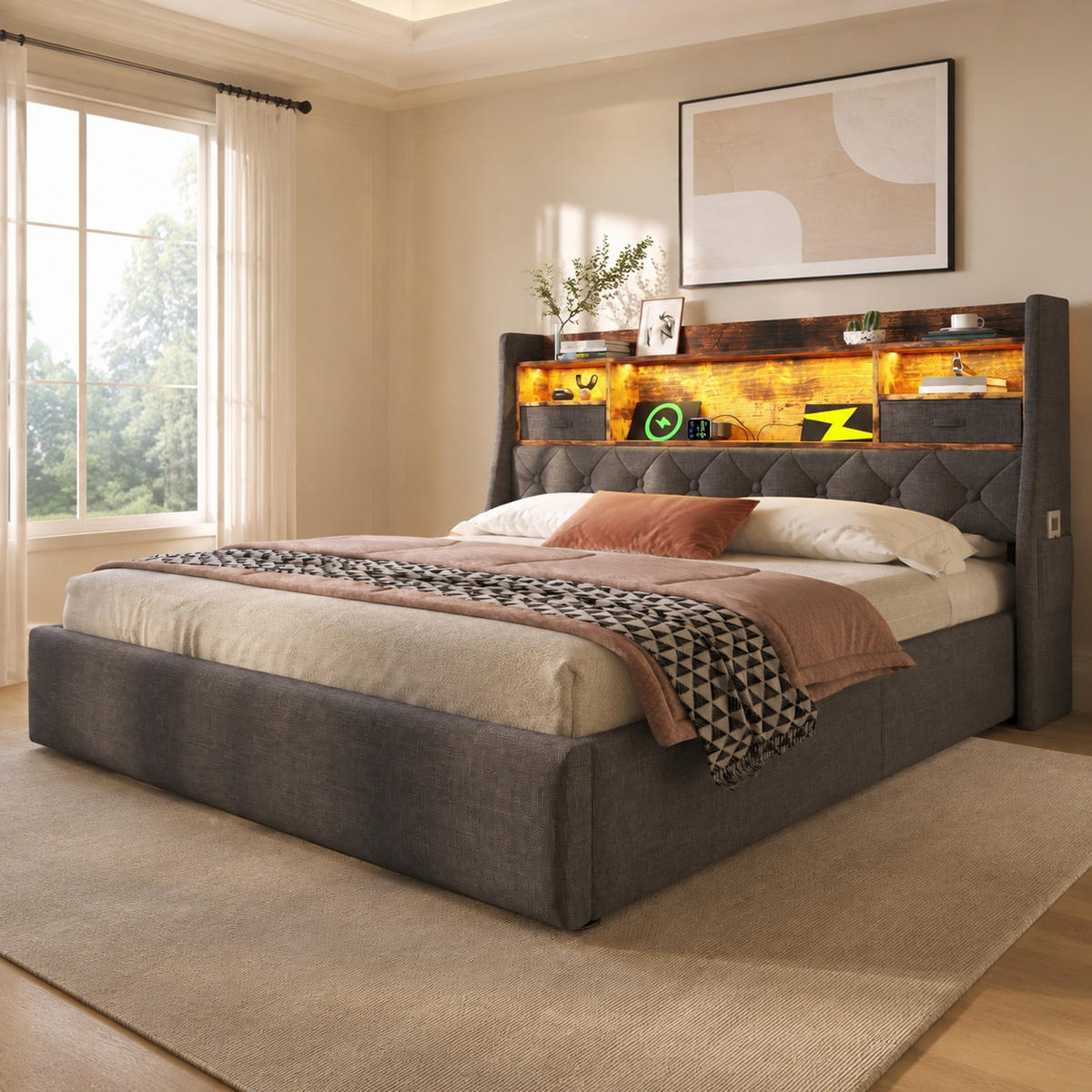 POLSTERBETT 140/200 mit Bettkasten, LED und USB in Grau - Grau, Holzwerkstoff/Textil (140/200cm) - EVRYAE