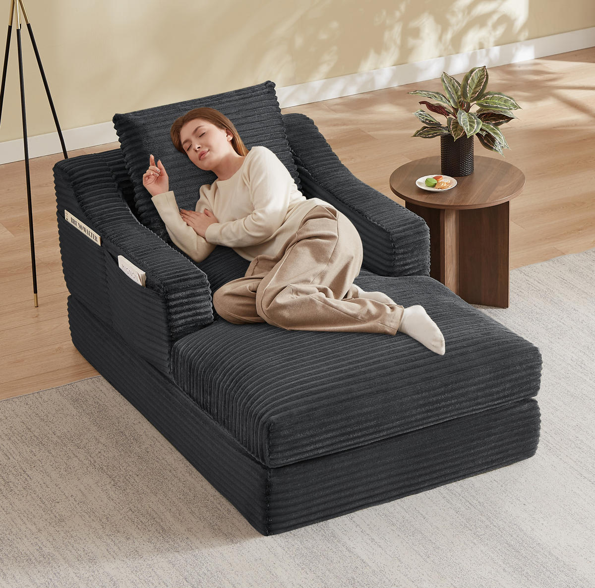 LOUNGESESSEL mit ausziehbarer Unterlage und Cordbezug, Dunkelgrau - Dunkelgrau, Kunststoff (162/68/100cm) - Redom