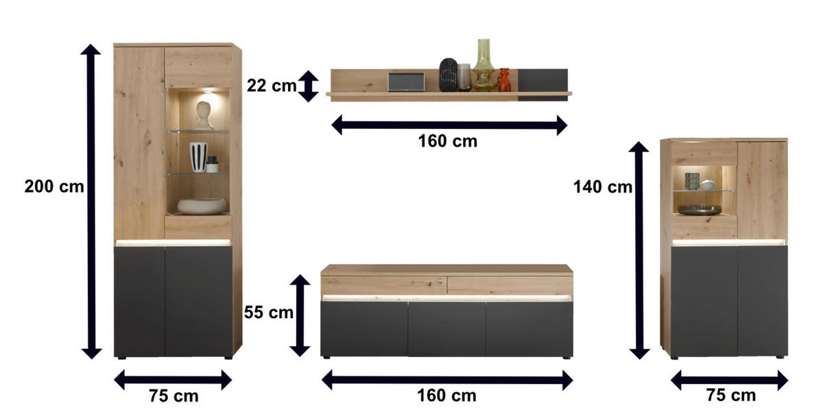 WOHNWAND Limoges 310/200/38 in Artisan Eiche Nb., anthrazit - Braun, Holz (310/200/38cm) - moebel dich auf