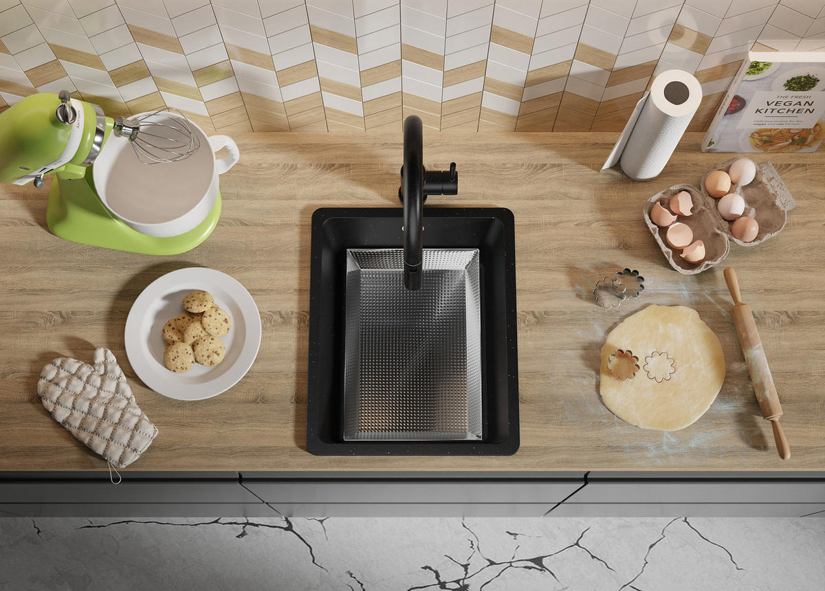 SPÜLBECKEN Venedig Slim Easy, 2-er set Schwarz Metallic 36/44 cm 1 Becken + Ablauf-Set ab 40er Unterschrank - Chromfarben/Schwarz Hochglanz, Kunststoff (36/20/44cm) - Primagran