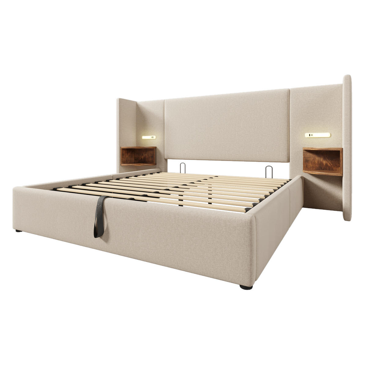 POLSTERBETT 160/200 cm Beige mit Stauraum und Leselampe - Beige, Textil (160/200cm) - OKWISH