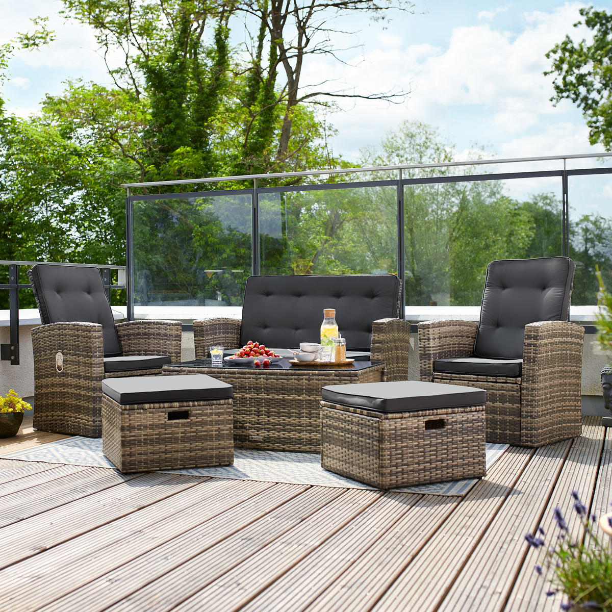 RATTANLOUNGE Bari,mit Sicherheitsglasplatte und Schraubfüßen,schwarz - Schwarz, Kunststoff - tectake
