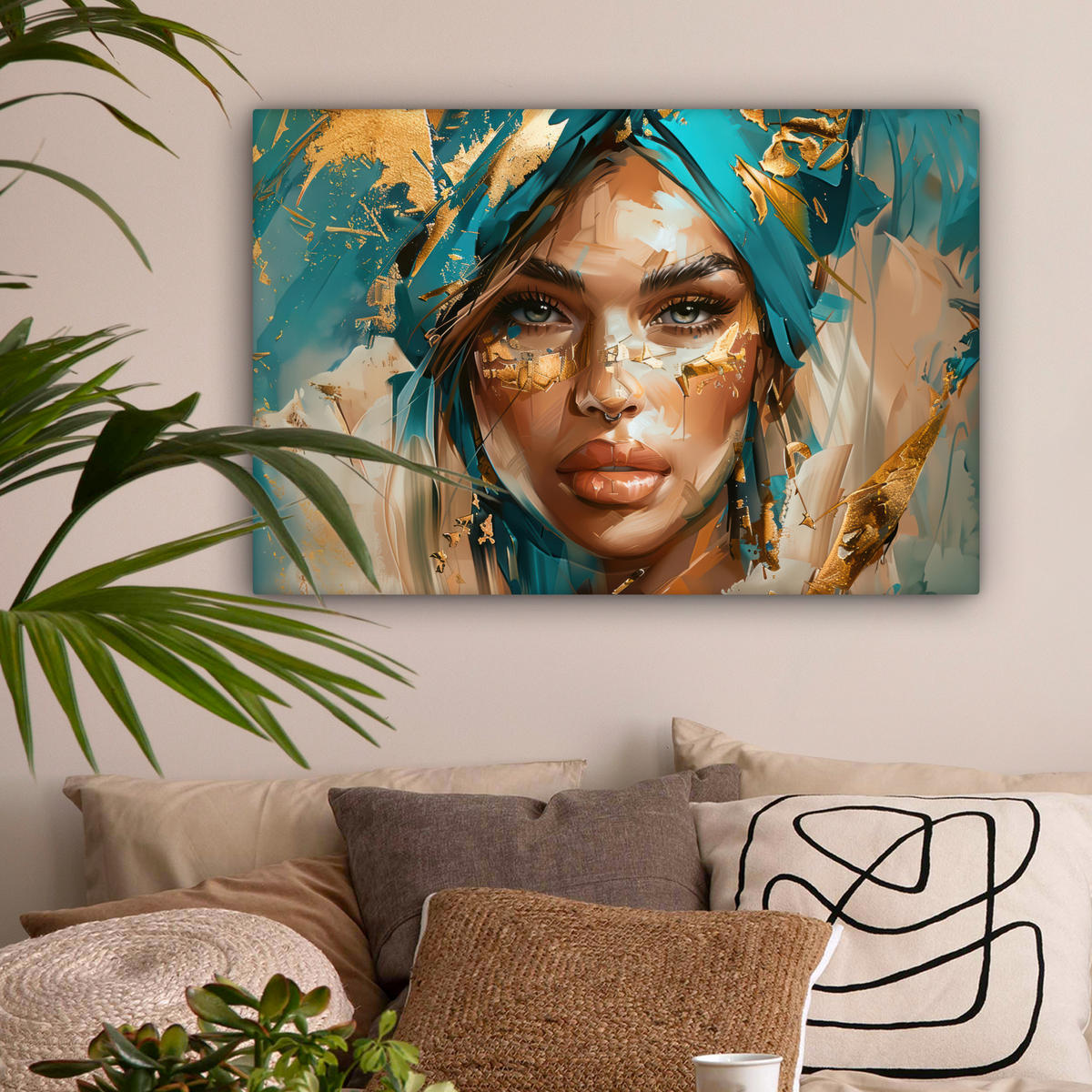 LEINWANDBILD - Frau - Porträt - Gold - Luxus - Blau - 60x40 - Wanddeko Schlafzimmer - Türkis, Textil (60/40cm) - MuchoWow
