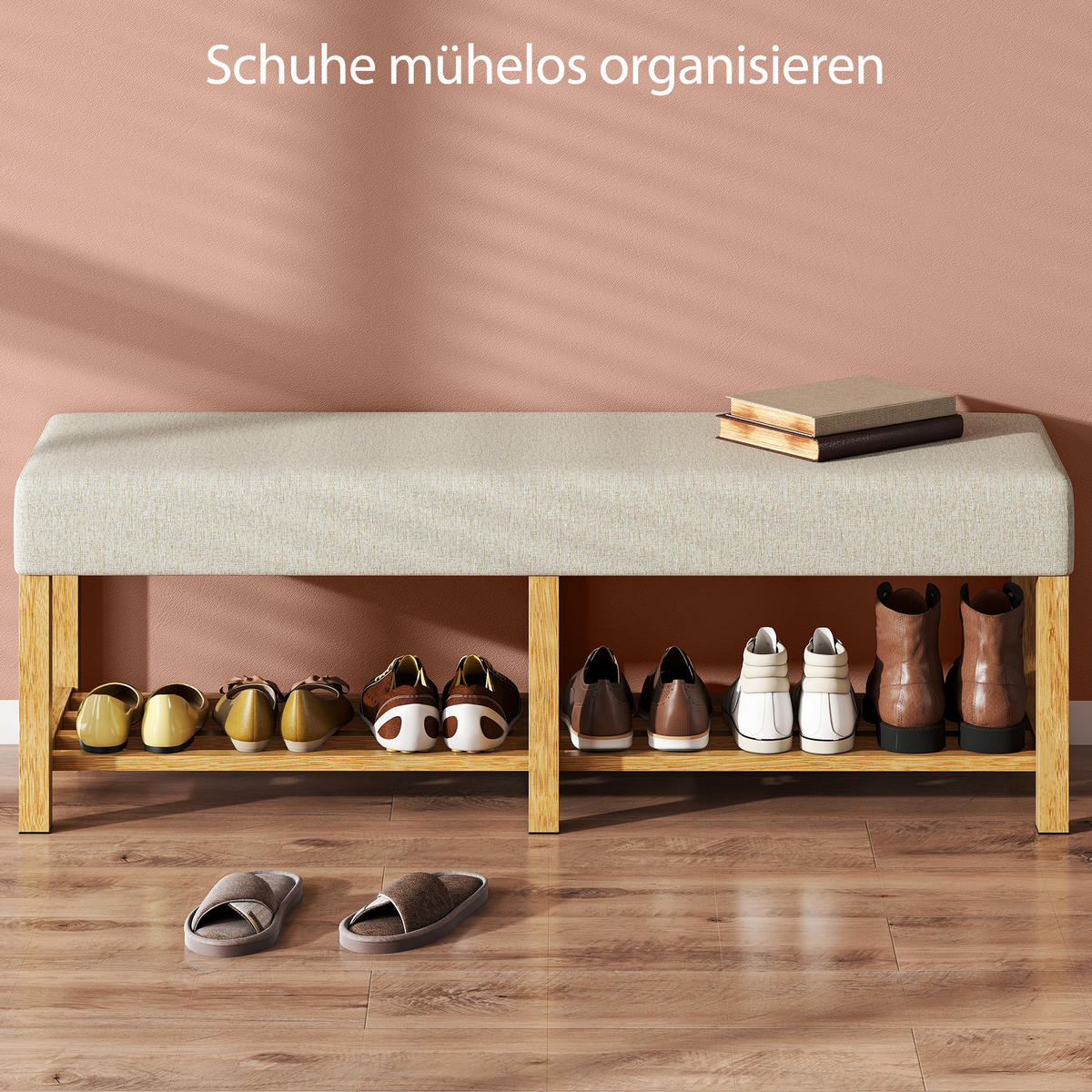 SCHUHBANK Kautschukholz Polyester Cremeweiß - Creme, Holz (44/48/140cm) - HOMCOM