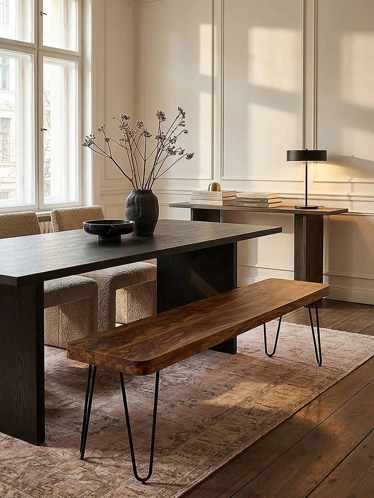 SITZBANK BALU Massivholz Metallbeine Landhausstil, Braun 180x40x45 cm - Schwarz/Braun, Holz/Metall (180/45/40cm) - KADIMA DESIGN