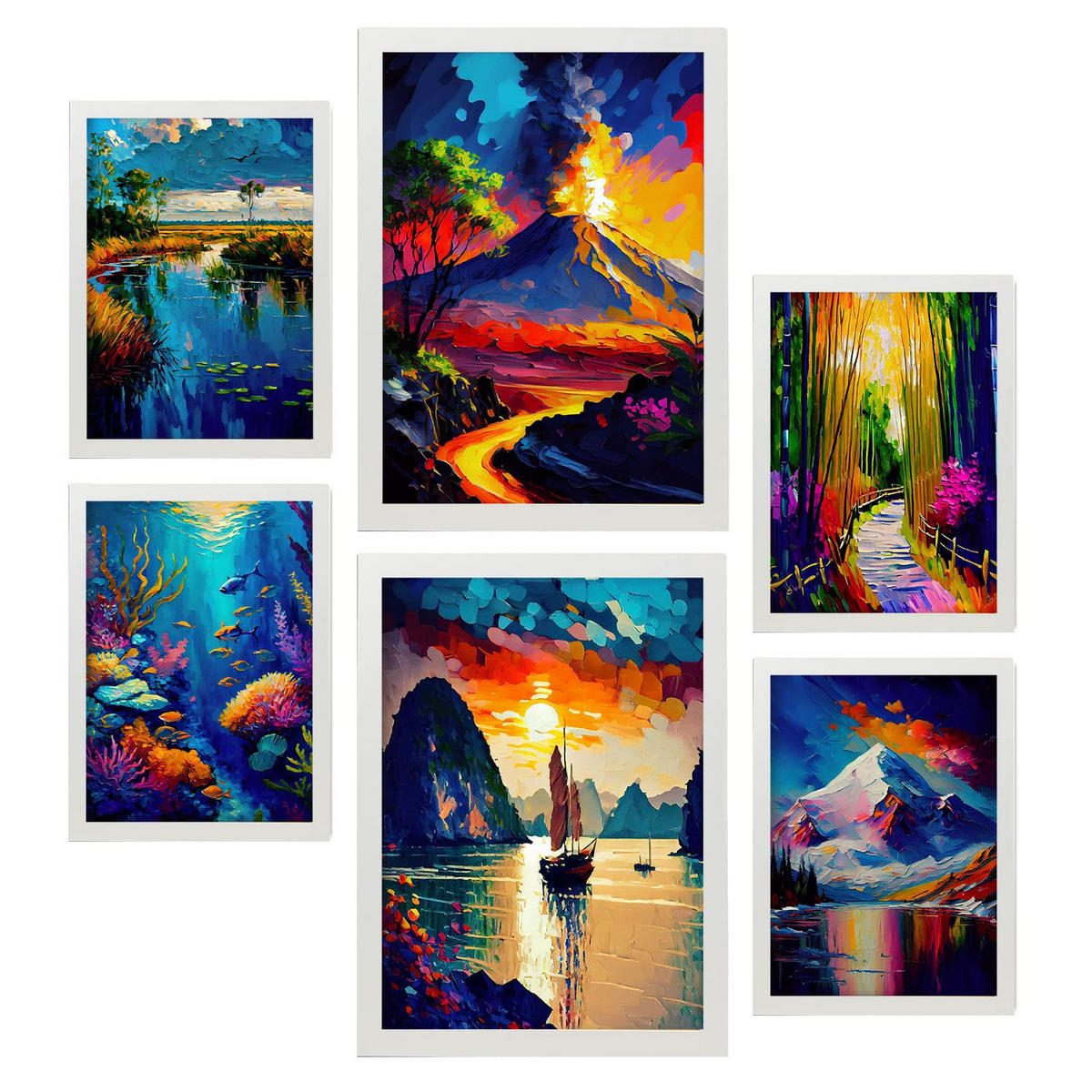 POSTER Set Mit 6 Wasser & Feuer Im Ölgemälde Stil A3 & A4 Weißer Rahmen - Weiß, Papier (29/3cm) - Nacnic