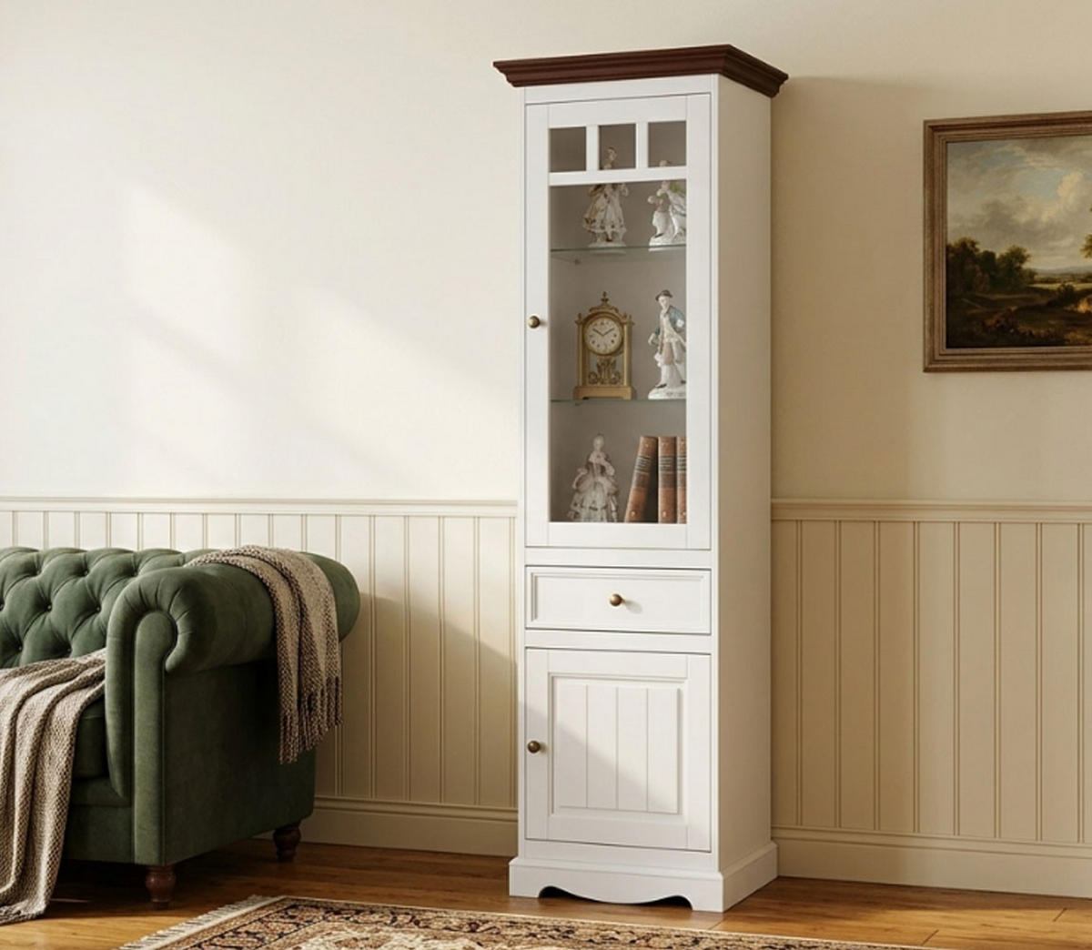 VITRINE Belluno Elegante Kiefer weiß (RAL9010) lackiert / Kiefer gebeizt, Nussbaumfarben 59,5 / 44 / 190cm - Nussbaumfarben/Weiß, Holz/Metall (60/190/44cm) - Feldmann-Wohnen
