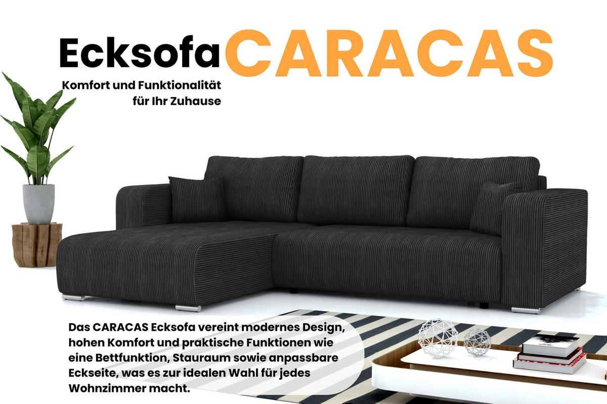 ECKSOFA CARACAS 288/185 in Cord Schwarz mit Schlaffunktion links - Schwarz, Holz/Holzwerkstoff (288/185cm) - Deine Möbel 24