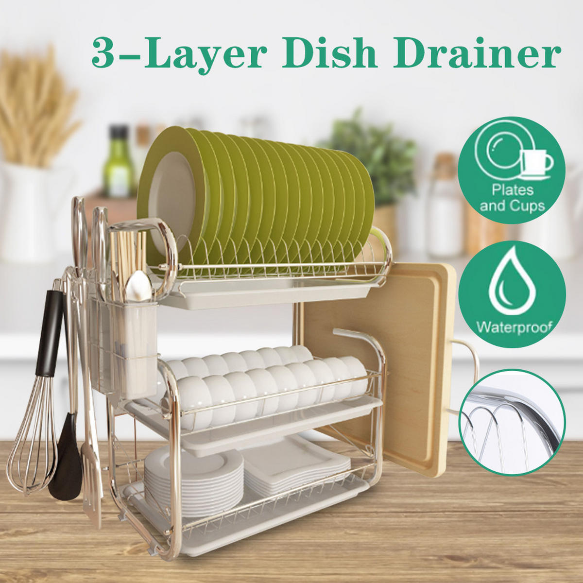 ABTROPFGESTELL Eisen weiß dreistöckig Tellerständer 9-förmiger multifunktionaler Aufbewahrungsständer Schneidebrett 40/25/44 cm - Grün, Metall (30/44/40cm) - Livingandhome