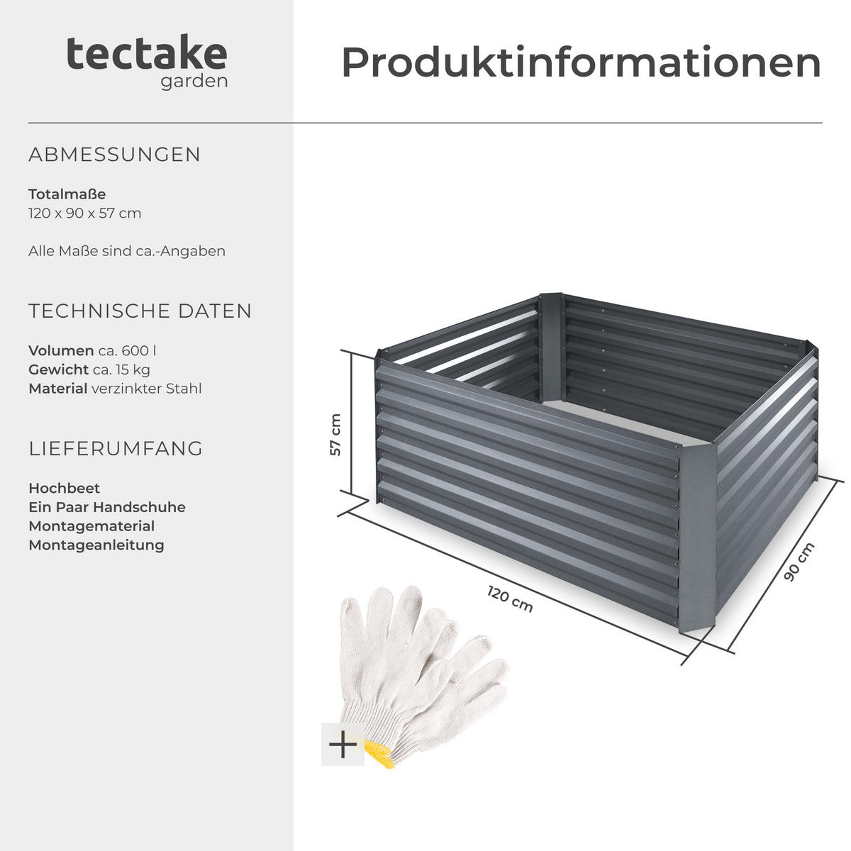 HOCHBEET Salvia,120 x 90 x 57 cm,silber - Silberfarben, Metall (90/57/120cm) - tectake
