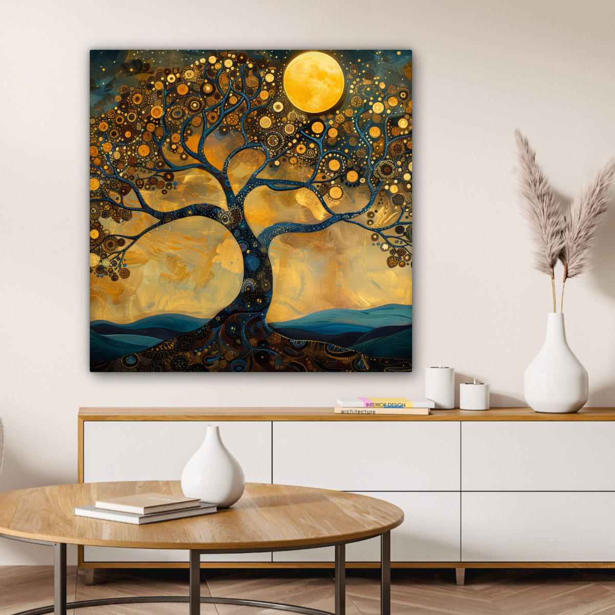 LEINWANDBILD Baum - Mond - Blumen - Gold - Kunst Deko Groß 90x90 cm - Orange, Textil (90/90cm) - MuchoWow