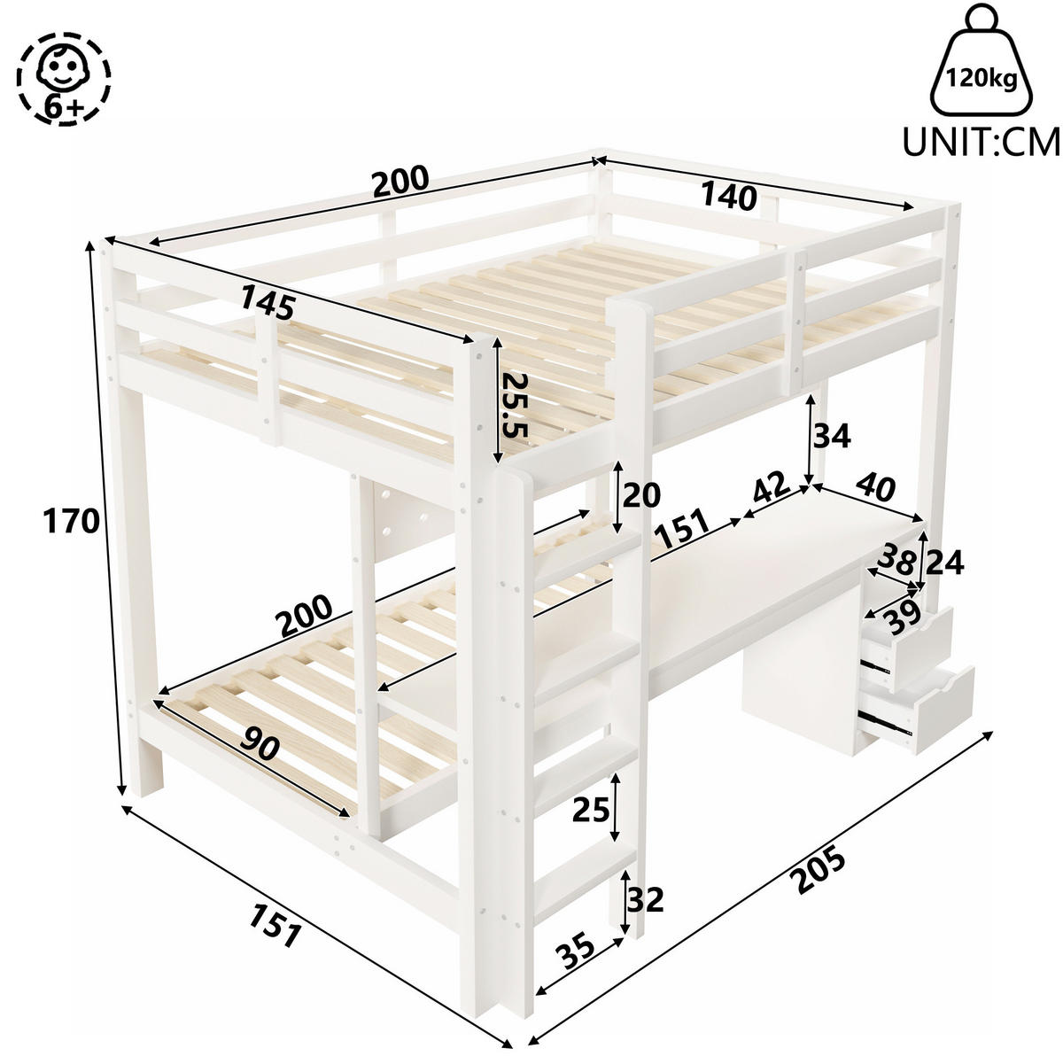 HOCHBETT 140/200 cm aus Kiefernholz mit Schreibtisch, Weiß - Weiß, Holz (140/200cm) - OKMYHOME