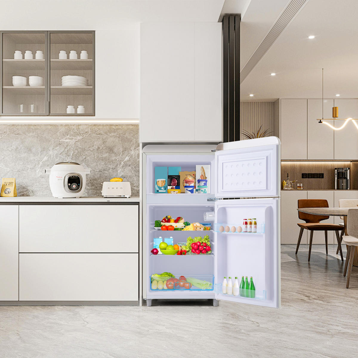 RETRO KÜHLSCHRANK 72L Doppeltür 21L Gefrier LED E Klasse - Weiß, Kunststoff (45/91/46cm) - FLIEKS