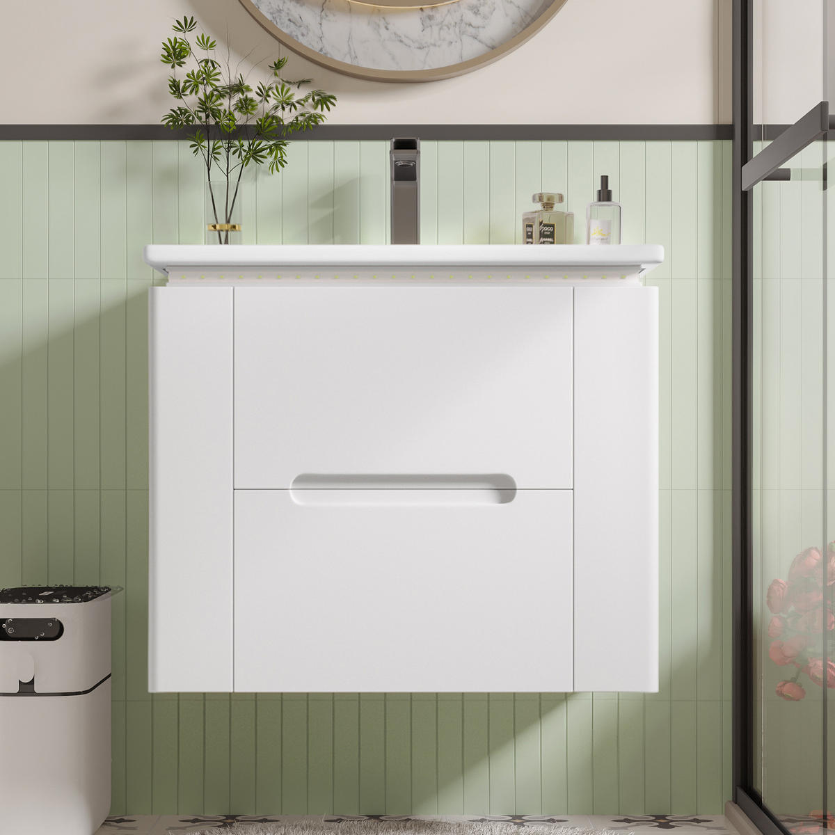 BADMÖBEL Set 61 cm wandhängend, Waschtisch mit Waschbecken, LED und Schubladen - Weiß, Holz/Keramik (46/48/60cm) - PARAFTA HOME