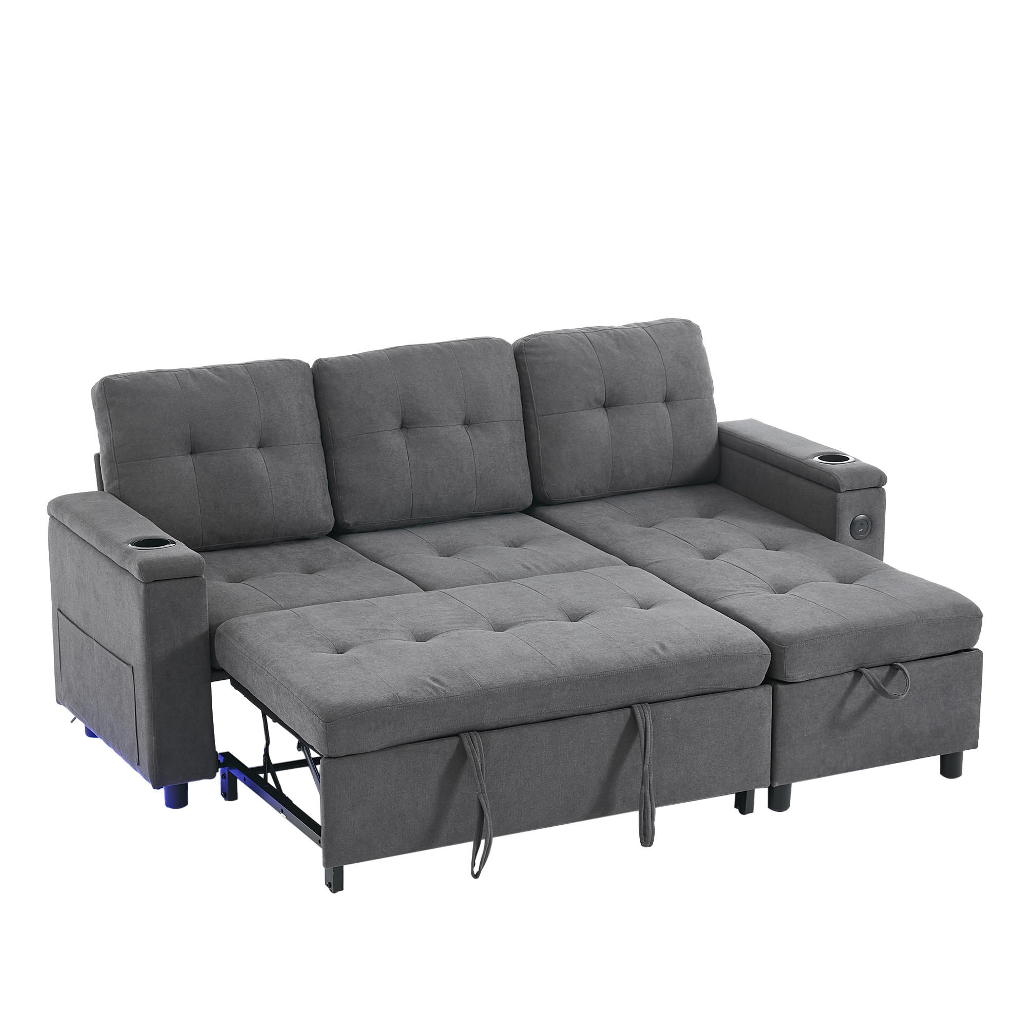 ECKSOFA L-Form Schlafsofa Stauraum LED 3-Sitzer Grau 208cm - Grau, Textil (208/146cm) - FLIEKS
