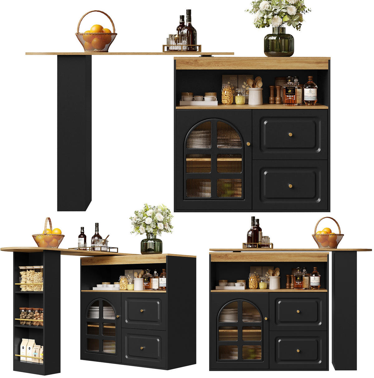 STEHTISCH 138-204x39x104cm Schwarz mit Snackregal & Drehfunktion - Schwarz, Holzwerkstoff (204/104/39cm) - Modfu