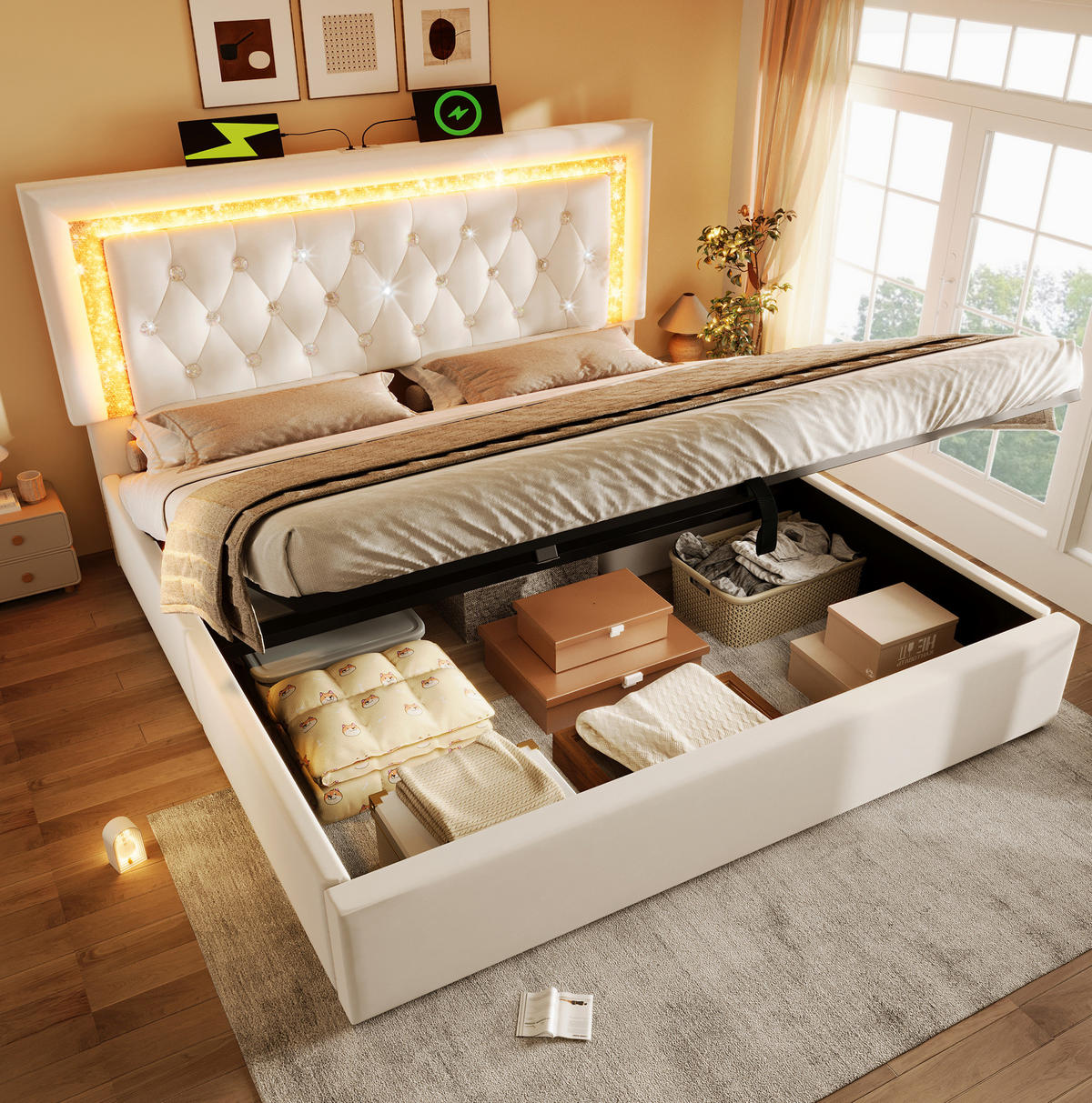 POLSTERBETT 180/200 cm aus Samt mit LED Stauraum und Kopfteil mit Steckdose Grau - Grau, Textil (180/200cm) - Modenvie