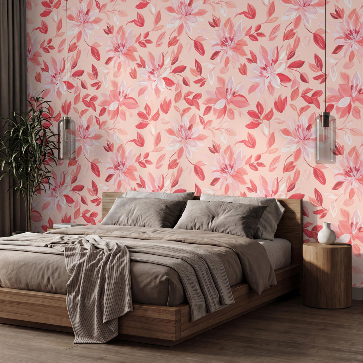 TAPETE - Botanisch - Blumen - Rot - 450x260 cm - Koralle, Papier (450/260cm) - OnlyWow