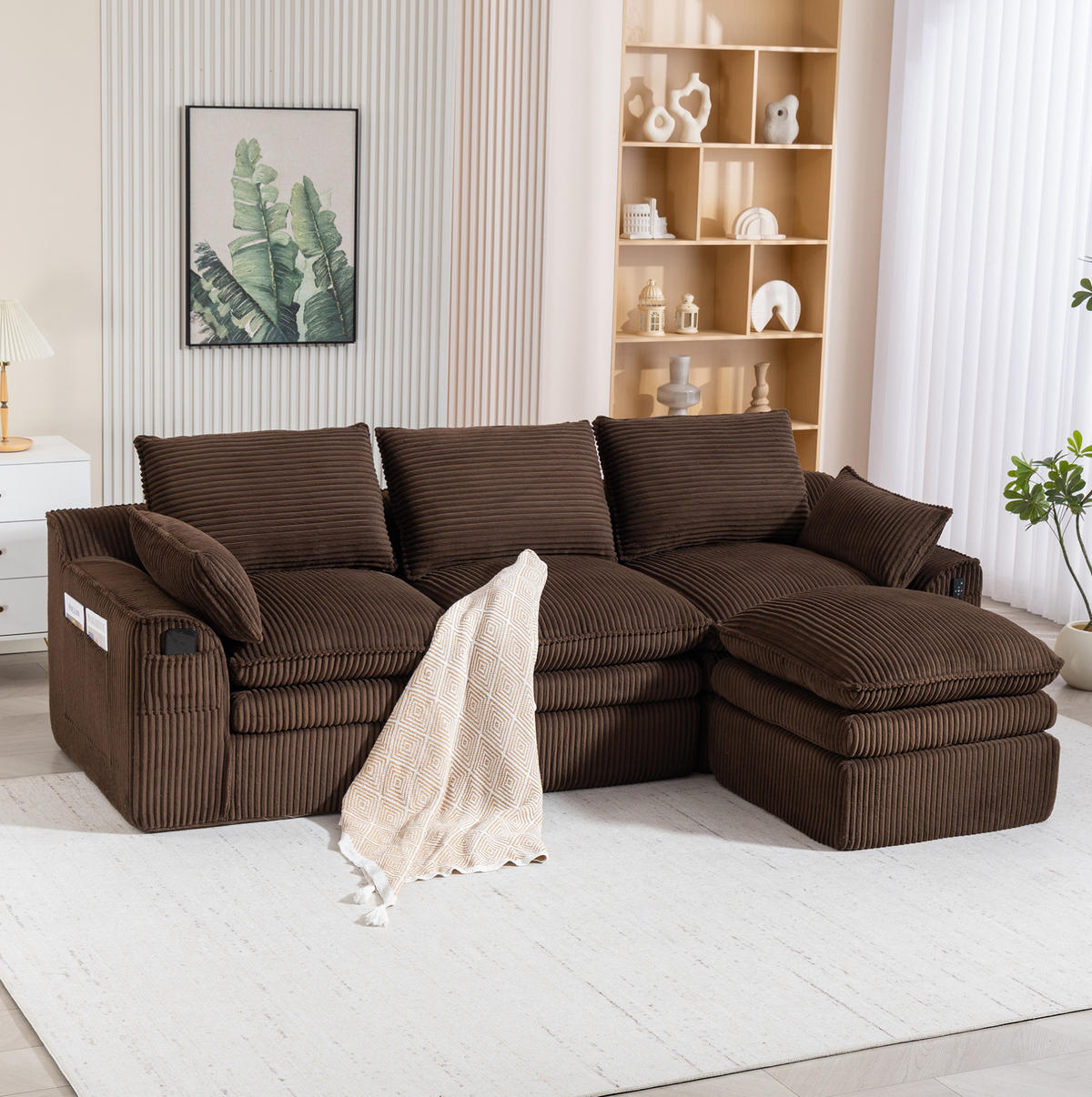 ECKSOFA aus Cord 263x167x85 cm Braun mit Hocker, Seitentaschen und Federkern - Braun, Textil (263/167cm) - Modfu